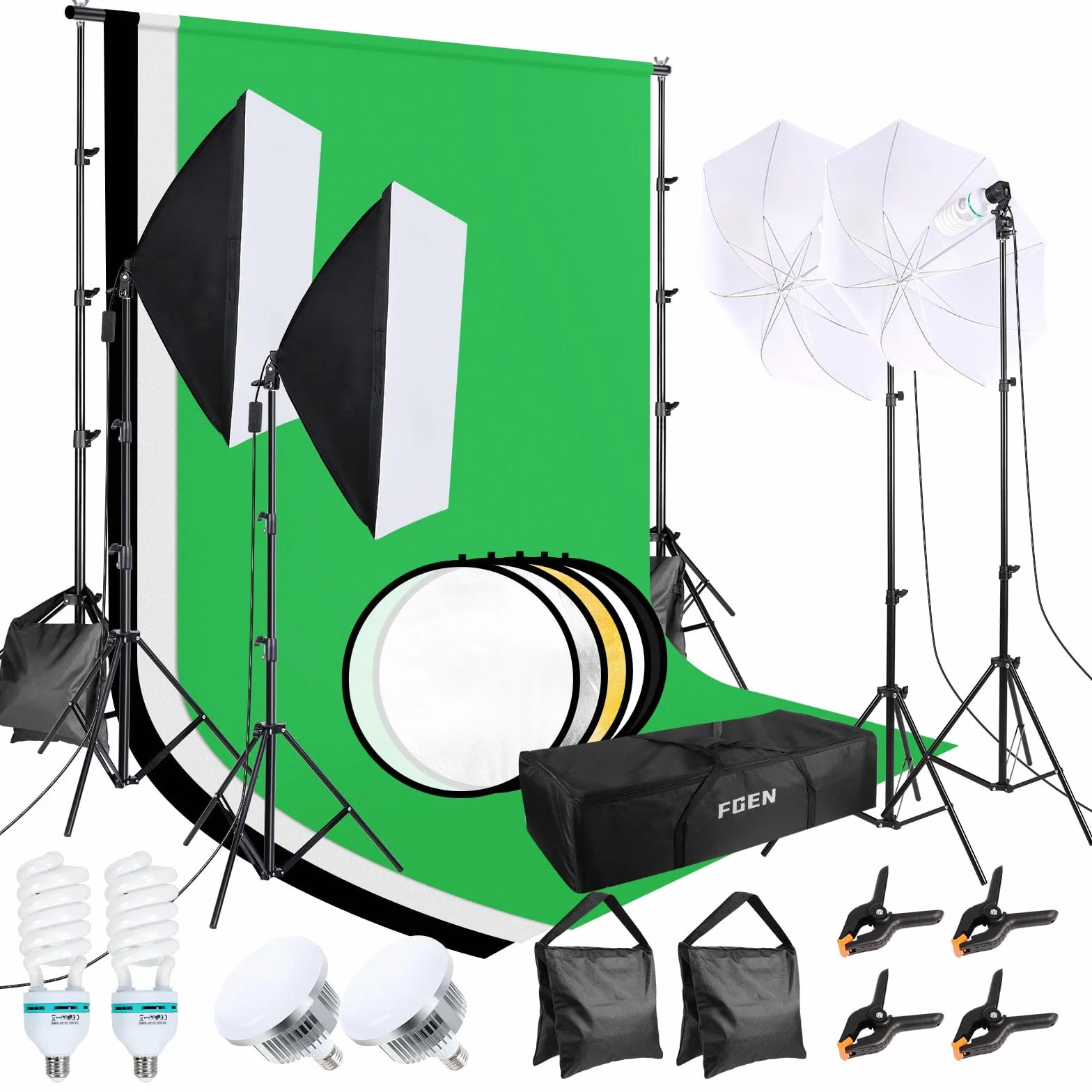 Set Softbox per studio fotografico, FGen cotone Greenscreen, set da 2.6 m x 3 m, con lampada fotografica CFL da 135 W, 85 W, lampada fotografica, sacco di sabbia per prodotti ritratti, foto