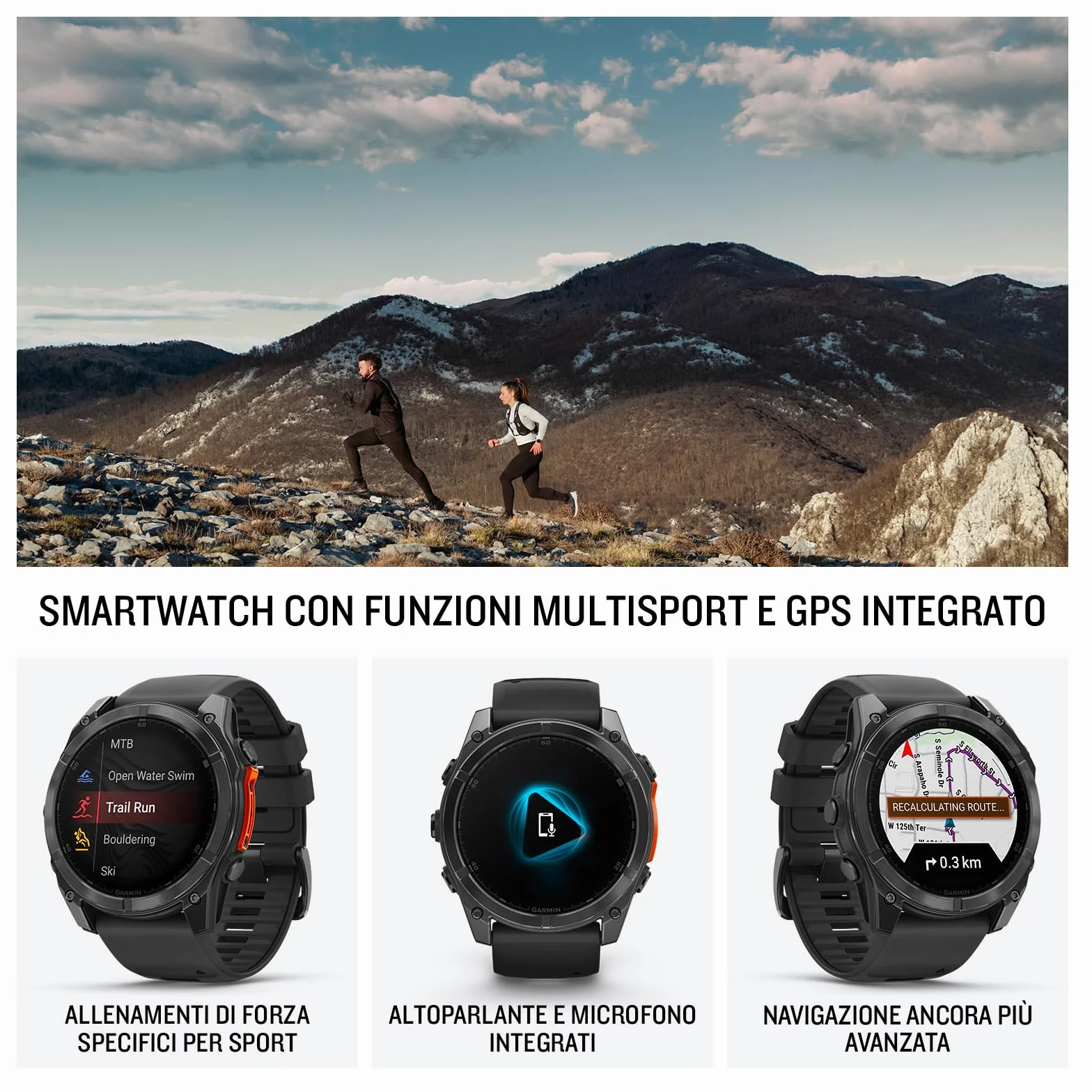 Garmin fēnix 8, 47mm, Display AMOLED 1,4", Touchscreen, Speaker e Microfono, Comandi Vocali, GPS Multi-band, Torcia, Mappe, 90+ App per lo Sport, Autonomia 16 giorni Slate Gray & Black