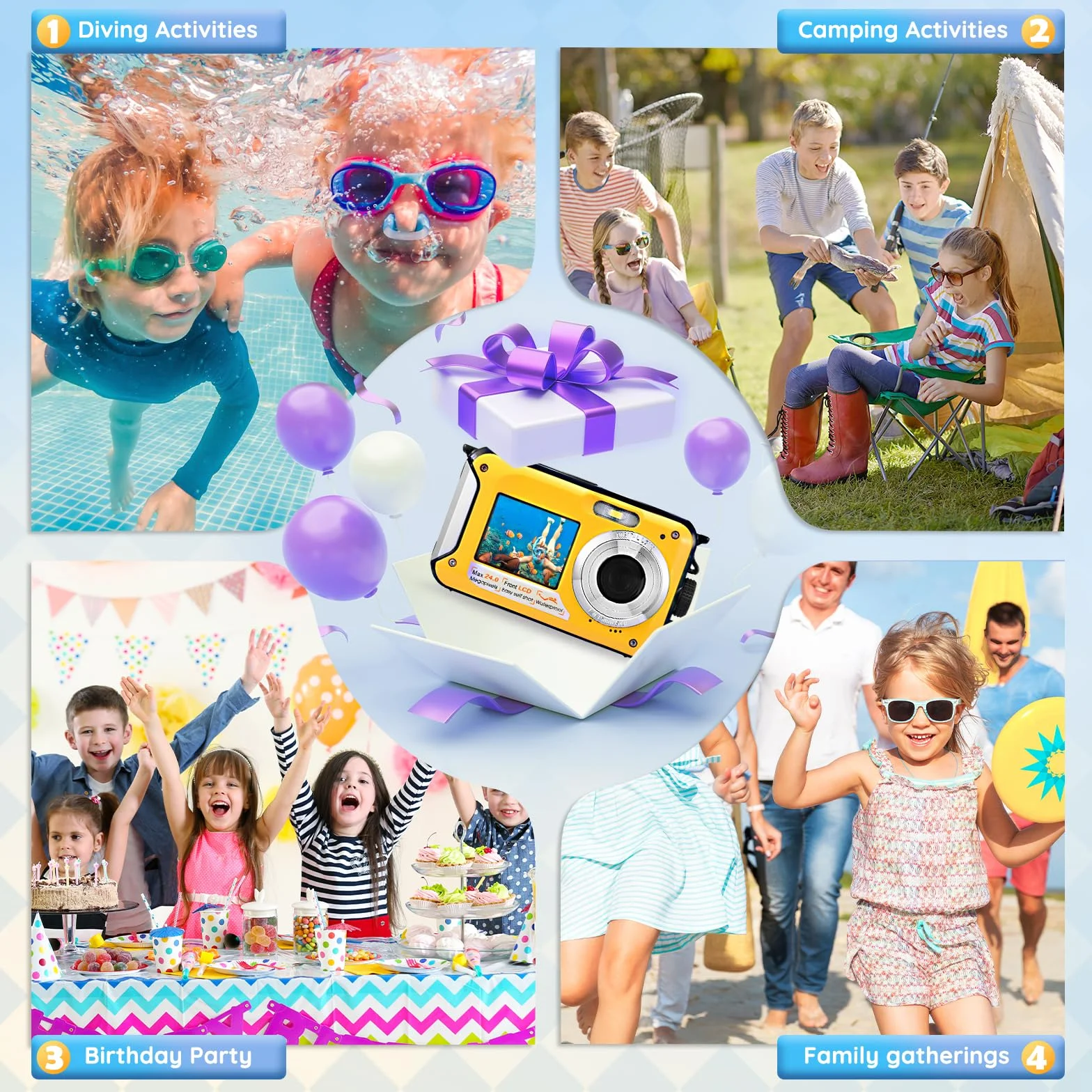 Fotocamera Digitale Impermeabile,Couleeur Macchina Fotografica Subacquea Full HD 2.7K 48MP Doppio Schermo Anti-Shake con Microfono LED Autoscatto e Zoom Digitale 16X per Bambini Adolescenti(giallo)
