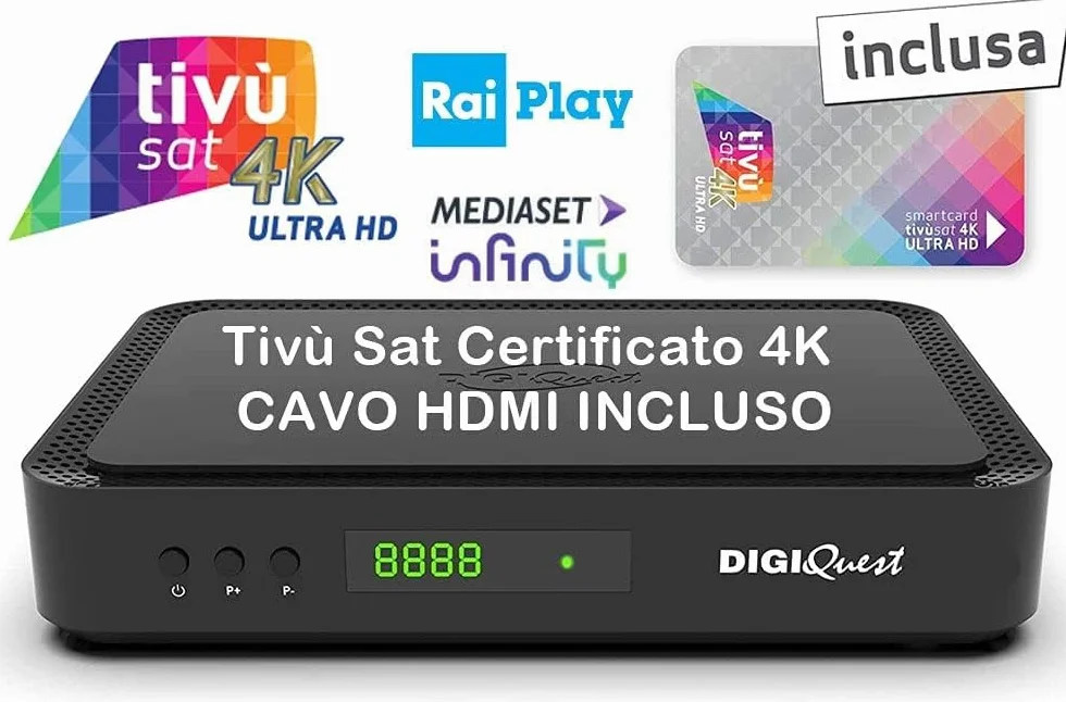 Decoder Ricevitore Tivù Sat Combo Digitale DVB-T2 Satellitare DVB-S2 Tivusat con scheda 4K HD UHD Tivusat inclusa Funzione PVR registrazione MAIN 10 HEVC H265 SCR e DCSS HbbTV On-demand rai e mediaset