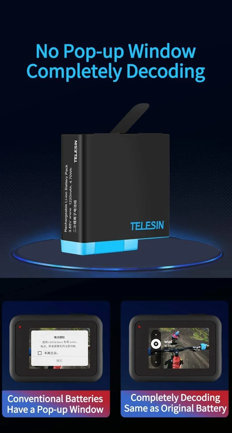 TELESIN Caricabatteria tripla e scatola di immagazzinaggio di batteria con caricabatteria a 3 canali con 2 batterie ricaricabili agli ioni di litio per Gopro Hero 8 Black, Hero 7/6/5 Black