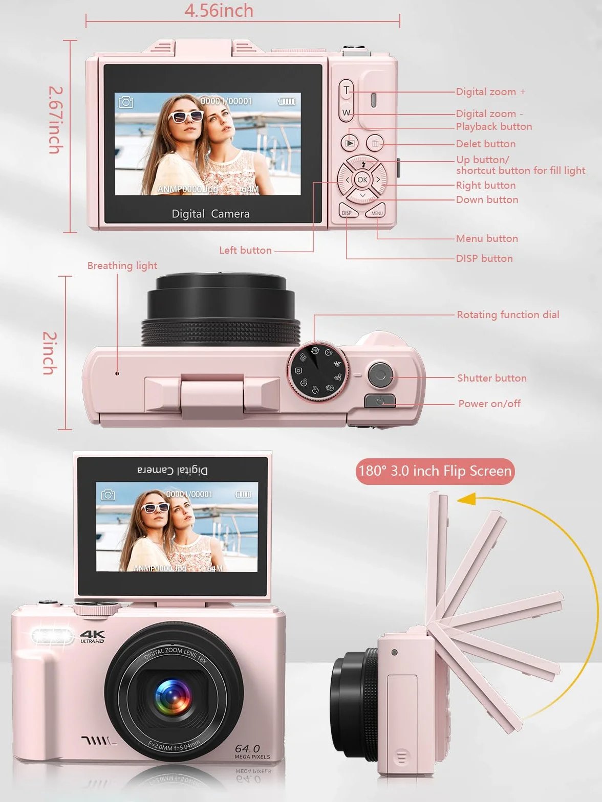 Fotocamera digitale per fotografia, 4K Vlogging Camera per YouTube 3 pollici 180° Flip Screen Zoom digitale 18X Fotocamera compatta con 32GB TF Card & 2 Batterie, Rosa