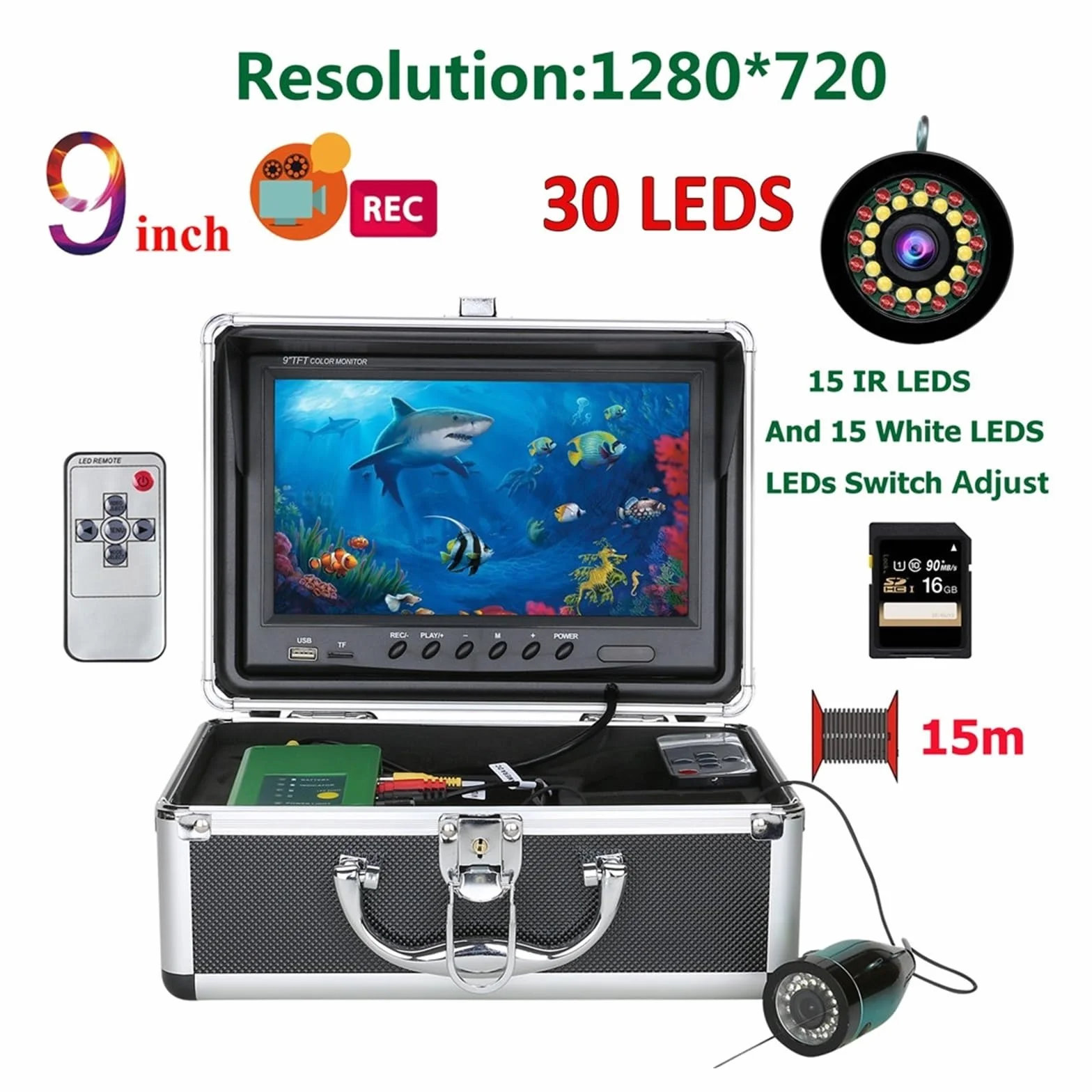 Telecamera Subacquea Pesca, 9 pollici DVR Fish Finder Pesca subacquea 1080P Fotocamera HD 1280 * 720 15 LED bianchi + 15 pezzi Lampada a infrarossi 15 m Fotocamera for la pesca(30m cable with DVR)