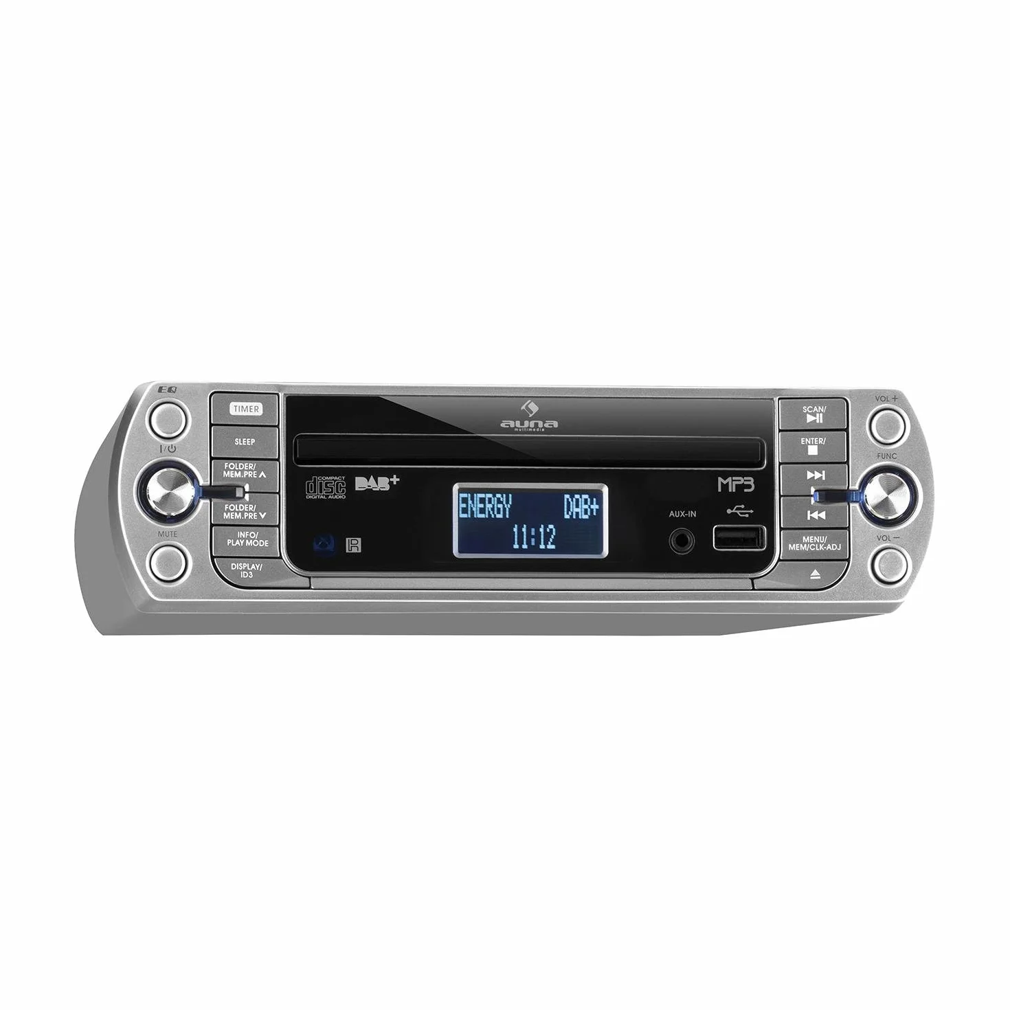 AUNA KR-400 CD - Radio da Cucina, Sottopensile, DAB+/PLL, FM, CD/MP3, Bluetooth, AUX, USB, 40 Stazioni Memorizzabili, Sveglia, Telecomando, Argento