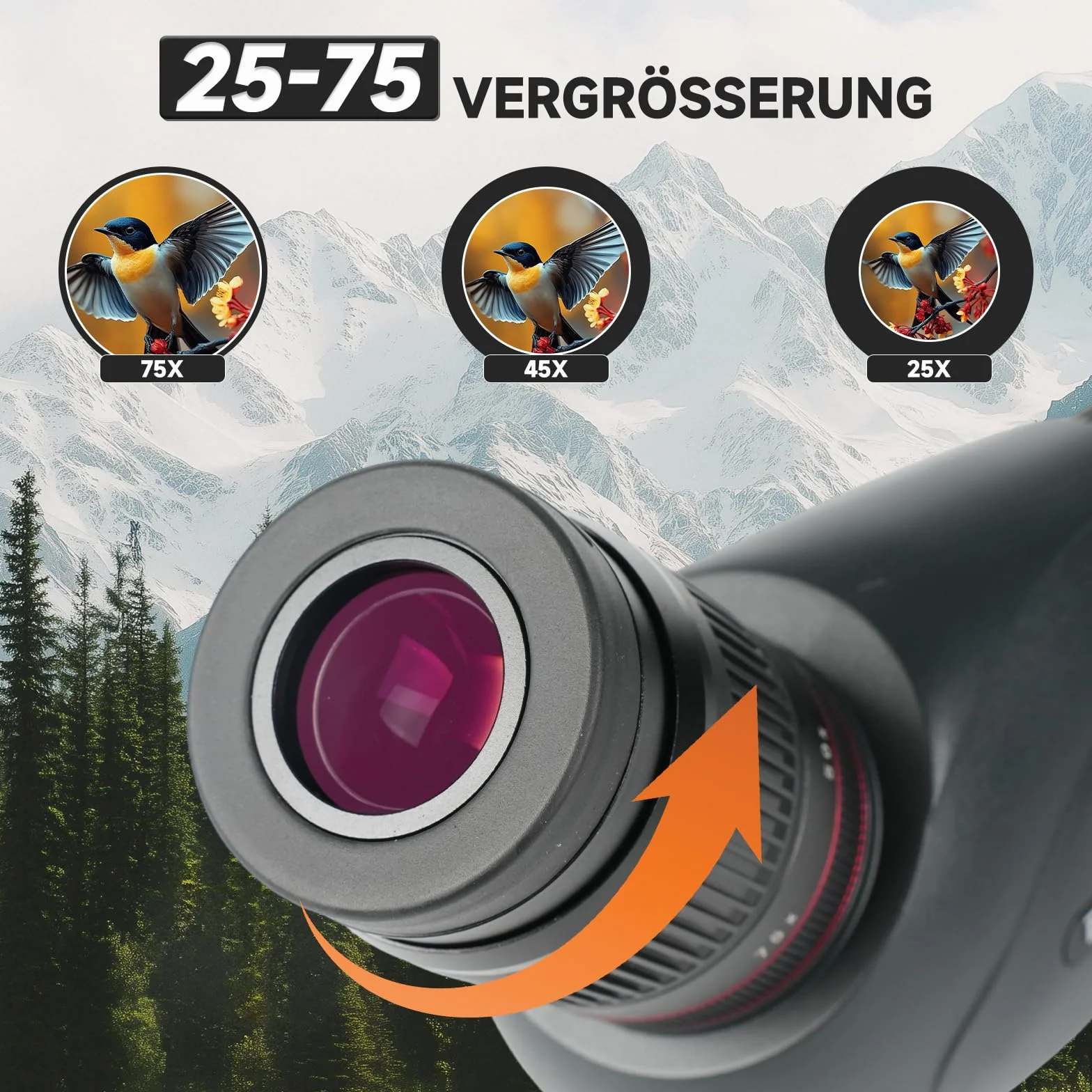 Cannocchiale da Osservazione 25-75x100 BAK4 FMC, Telescopio IPX7 Impermeabile Antiappannamento con Treppiede 360°, Adattatore Smartphone e Custodia per Birdwatching Caccia Astronomia