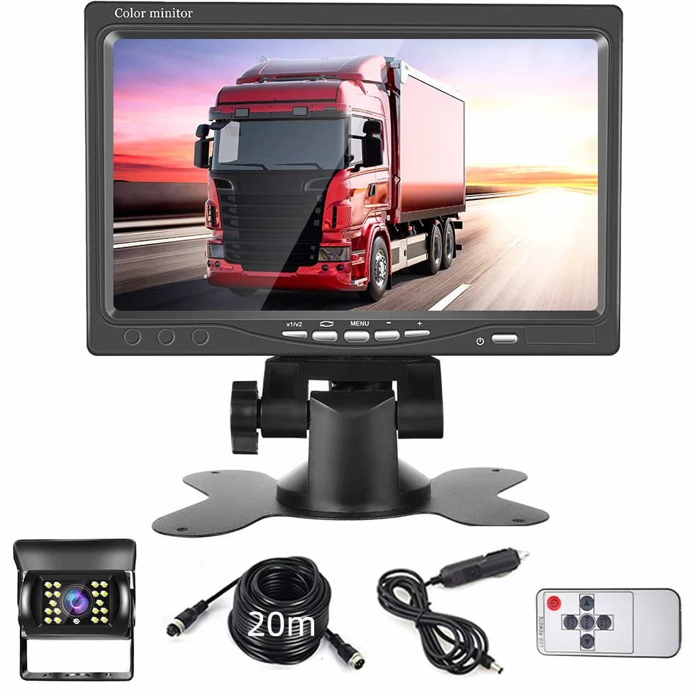 Kit Telecamera Retromarcia con 7 Pollici monitor HD, Telecamera Backup Impermeabile IP68 Visione Notturna 18IR, Telecamera Posteriore Auto con Cavo 4 Pin 20 m 12V-24V per Camper/Camion/Bus/Rimorchi