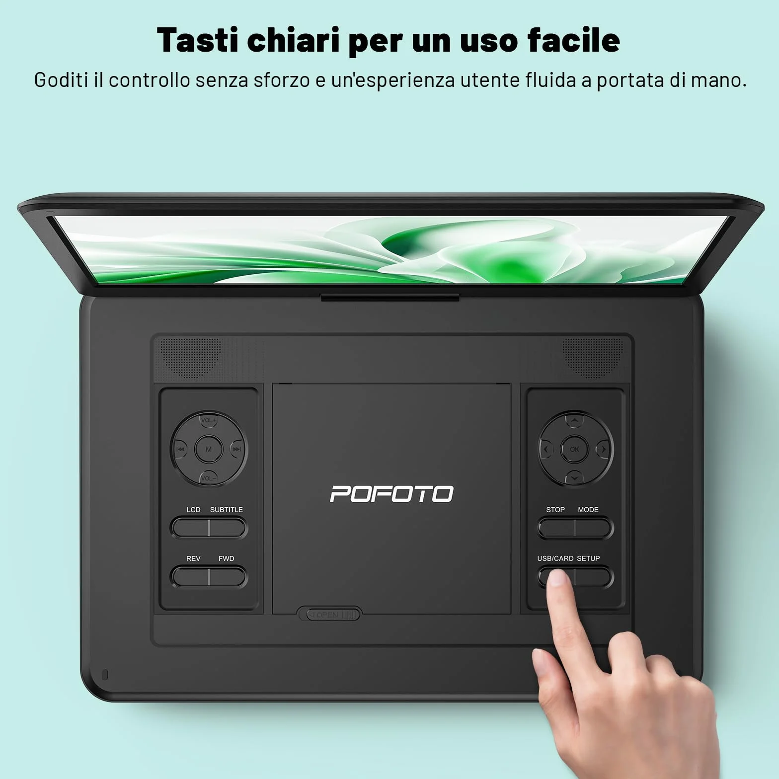Lettore DVD Portatile 17,5" Schermo Rotante HD 15,6" Autonomia 6 Ore USB SD Sync TV Antishock Nero