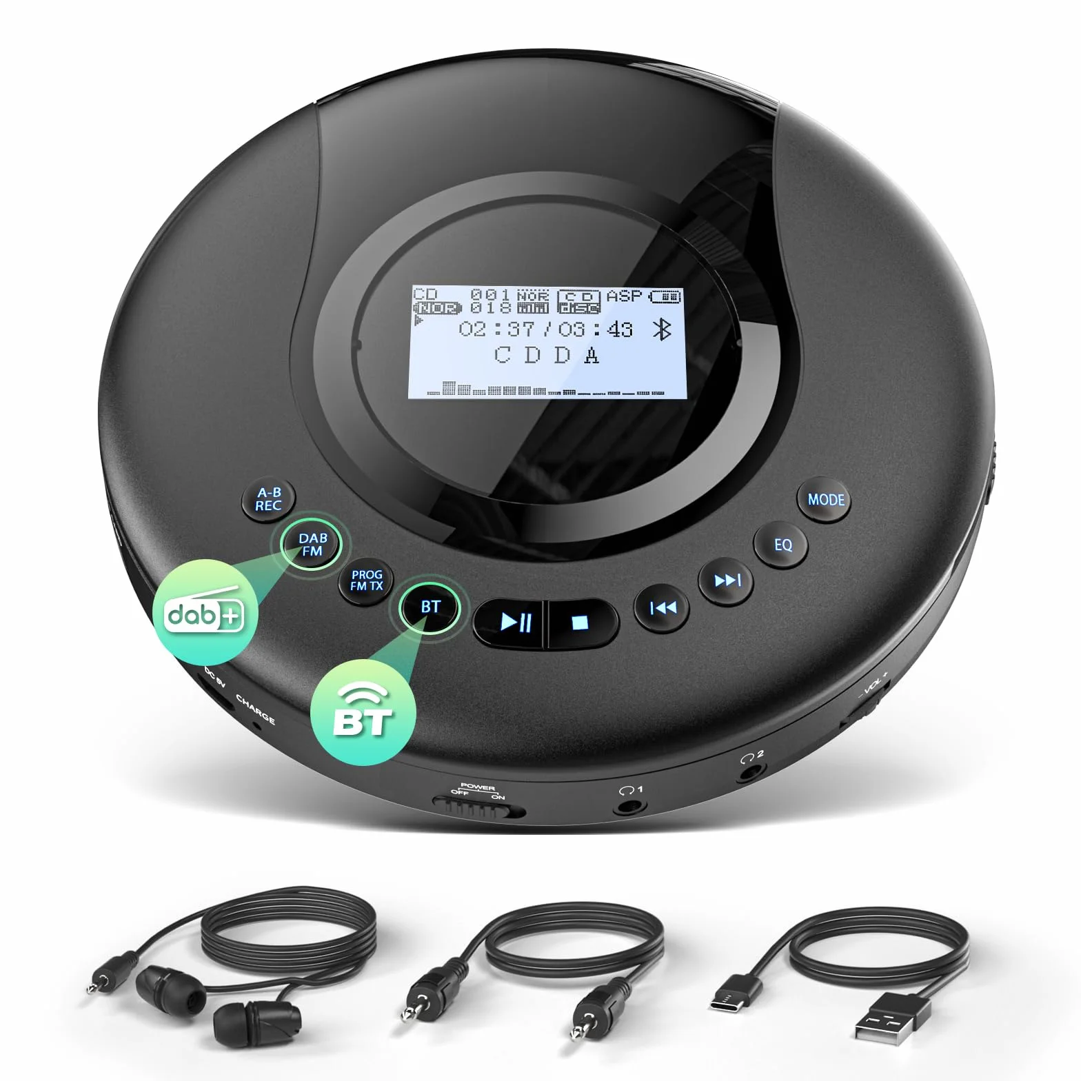 Arafuna Lettore CD portatile Discman Radio DAB+ FM Bluetooth Antishock 2000 mAh Nero