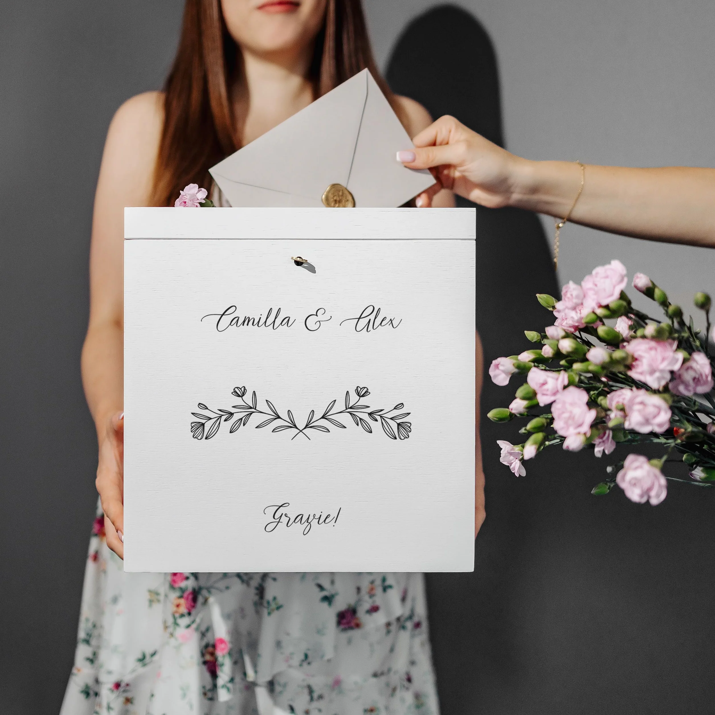 Porta Buste in Legno per Matrimonio 29x25x30cm Scatola Personalizzata Bianca con Serratura