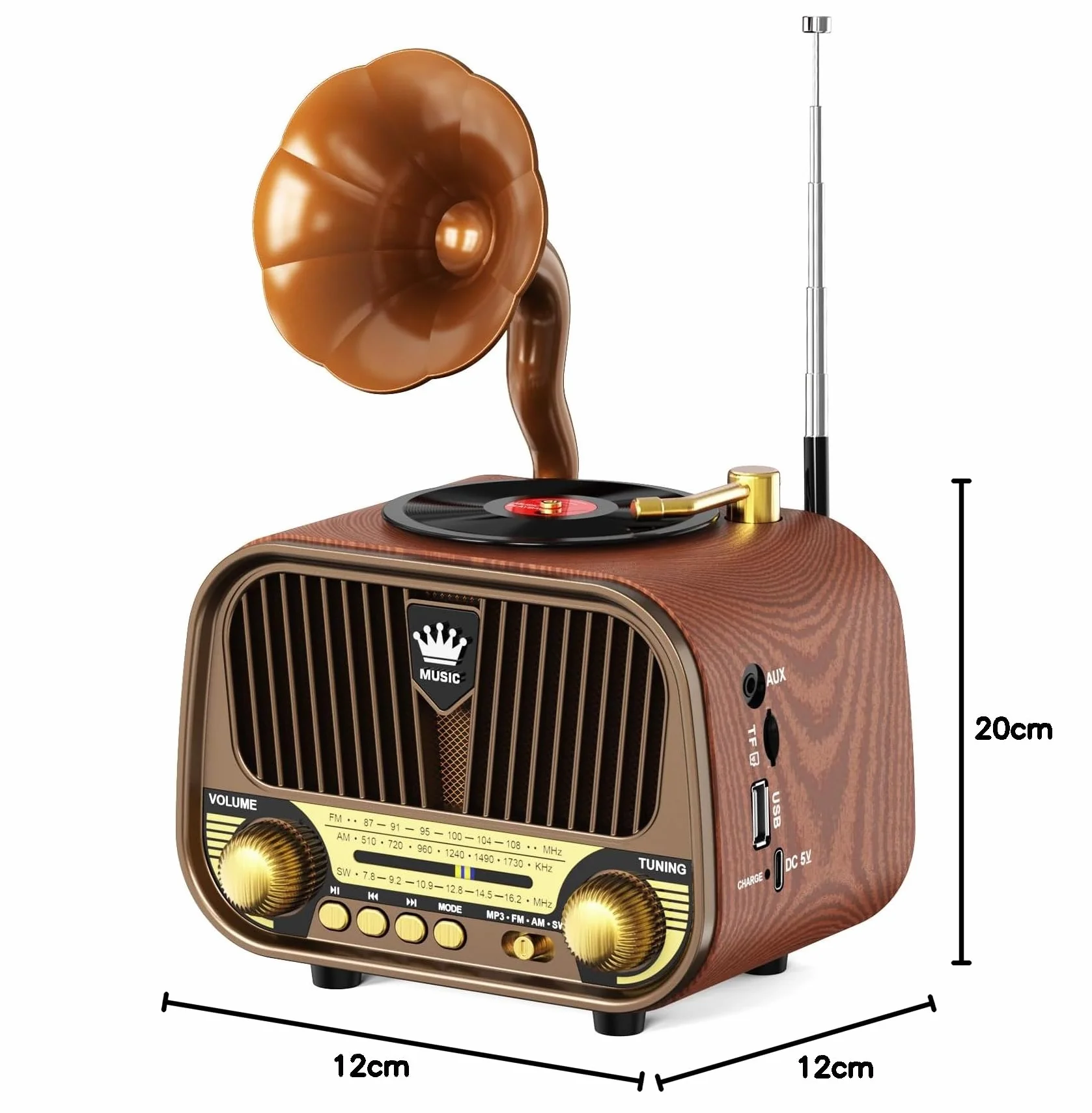 PRUNUS J-190 Radio Portatile Vintage FM/AM/SW, Bluetooth 6.0, Batteria 1800 mAh, TF/USB/AUX
