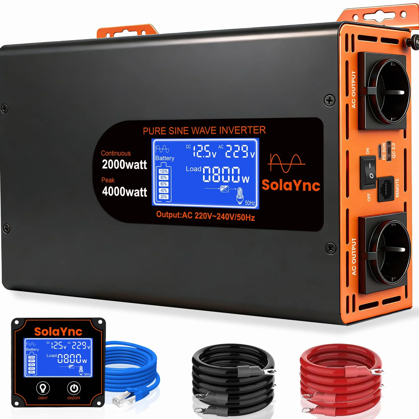 Inverter 2000W/4000W 12V 220/230V Onda Sinusoidale Pura,2 EU Presa,Porta Type-C da 30W e porta USB, telecomando LCD schermo LCD,Adatto per Elettrodomestici, Camper Campeggio