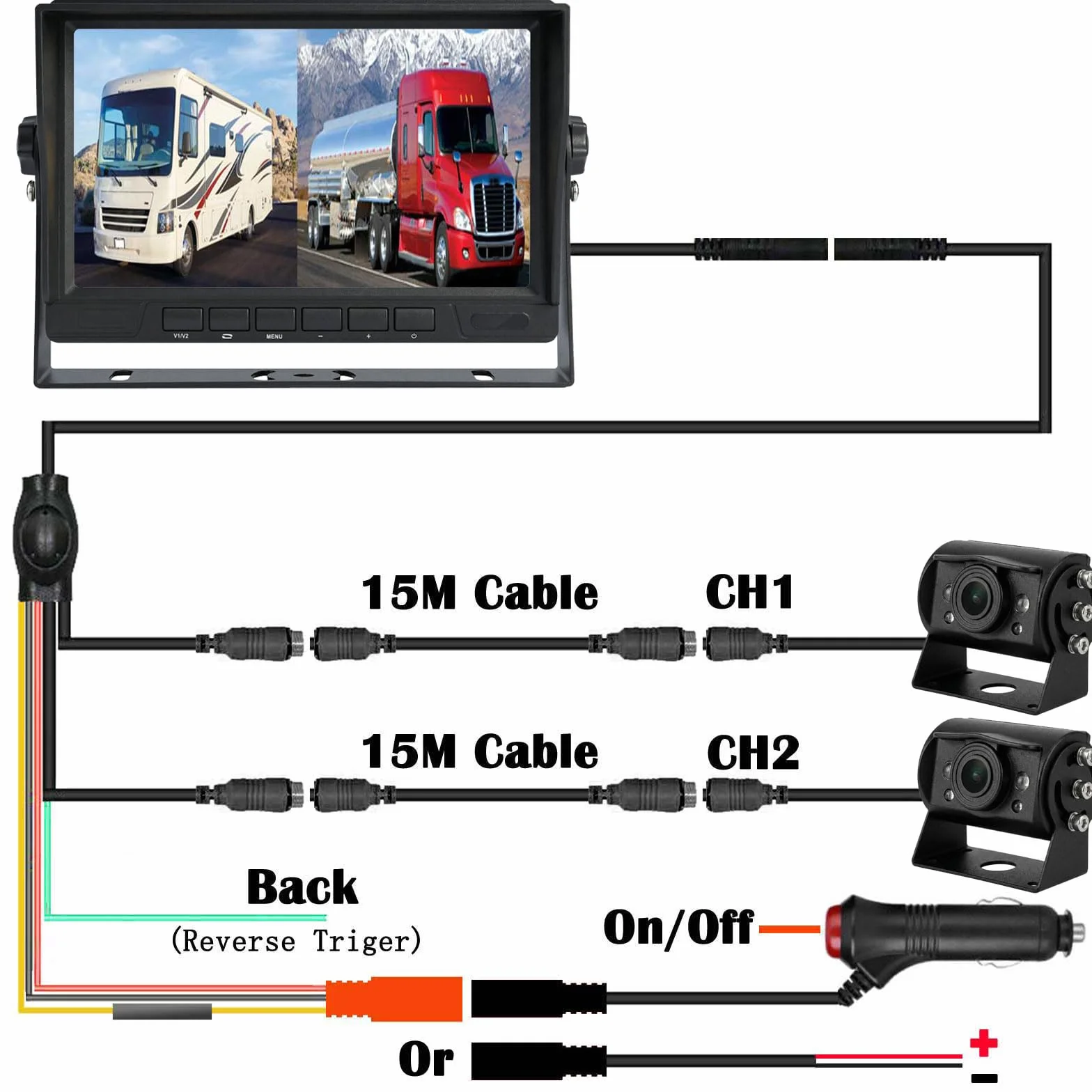 Telecamera posteriore AHD 1080p per veicoli e camion con monitor a 2 schermi divisi da 17,8 cm, 2 telecamere di retromarcia impermeabili per visione notturna con cavo da 15 m per semirimorchio, camper