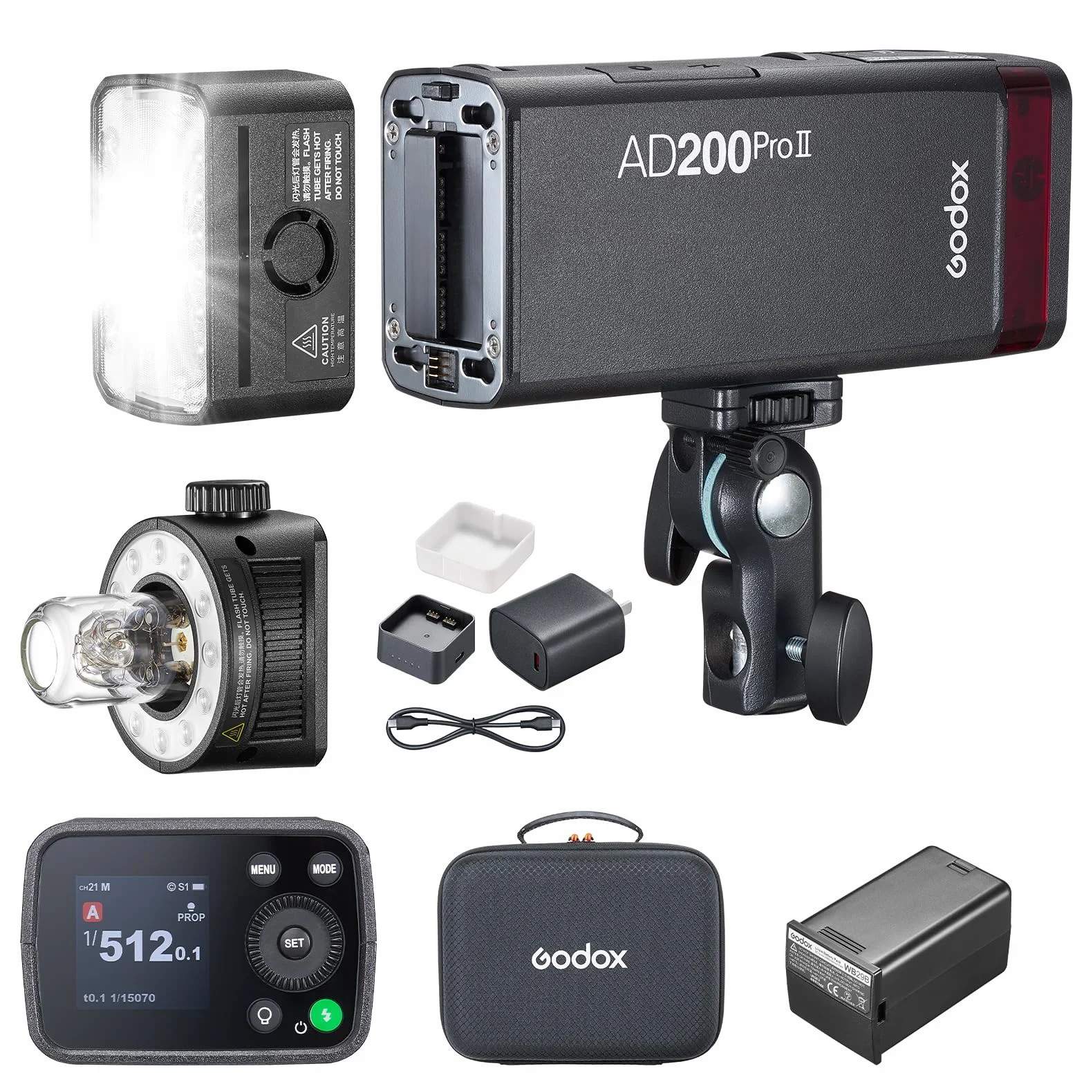 GODOX AD200ProII - Flash tascabile da 200 W, 2.4 G, 1/512 fino a piena potenza, regolazione della potenza di 10 livelli, temperatura colore modalità costante ± 100 K