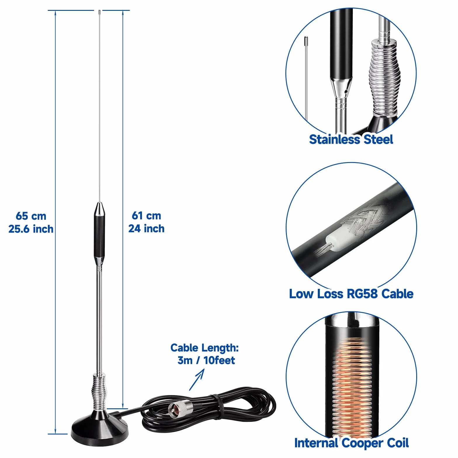 Bingfu Antenna CB Veicolare Camion Camper Auto 27MHz Base Magnetica PL259 e BNC Compatibile con Cobra Midland Uniden Maxon President Radio CB Mobile/Bobina di Rame Interna/Acciaio Inossidabile