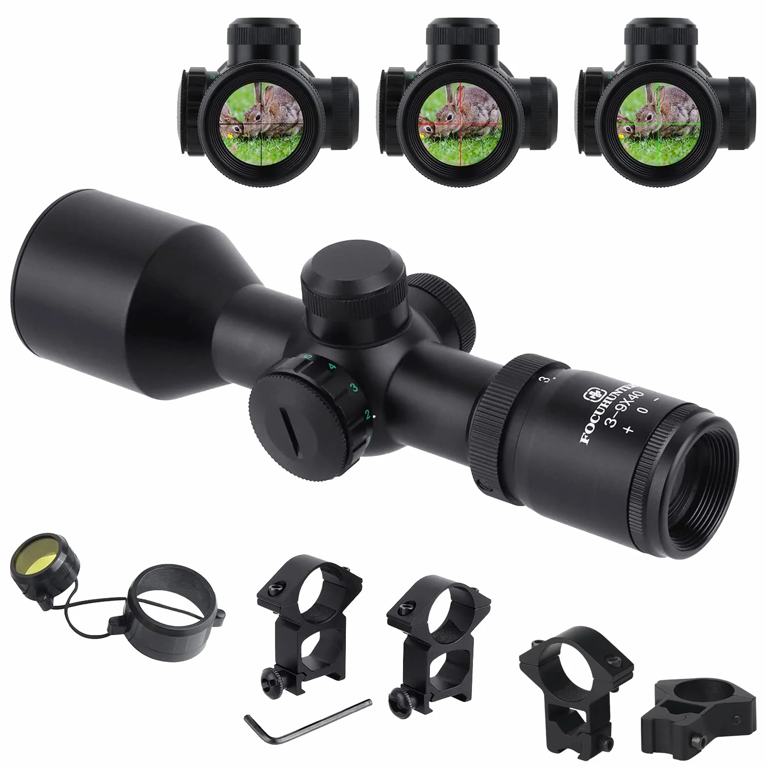 Cannocchiale da Puntamento Tattico 3-9x40E Rifle Scope Mirino Ottico Compatto con Anelli Montaggio Weaver 20 mm