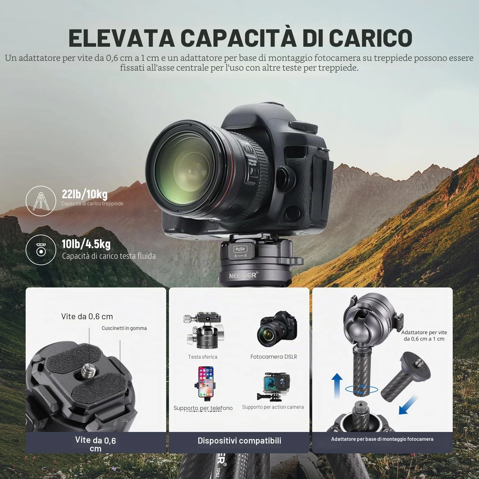 NEEWER Treppiede da Viaggio 62" Fibra di Carbonio con Livellamento ±15°Testa Pan 360°, Colonna Centrale Staccabile, Rilascio Rapido Arca Compatibile con Peak Design Piastra Treppiede Capture V3,TP62