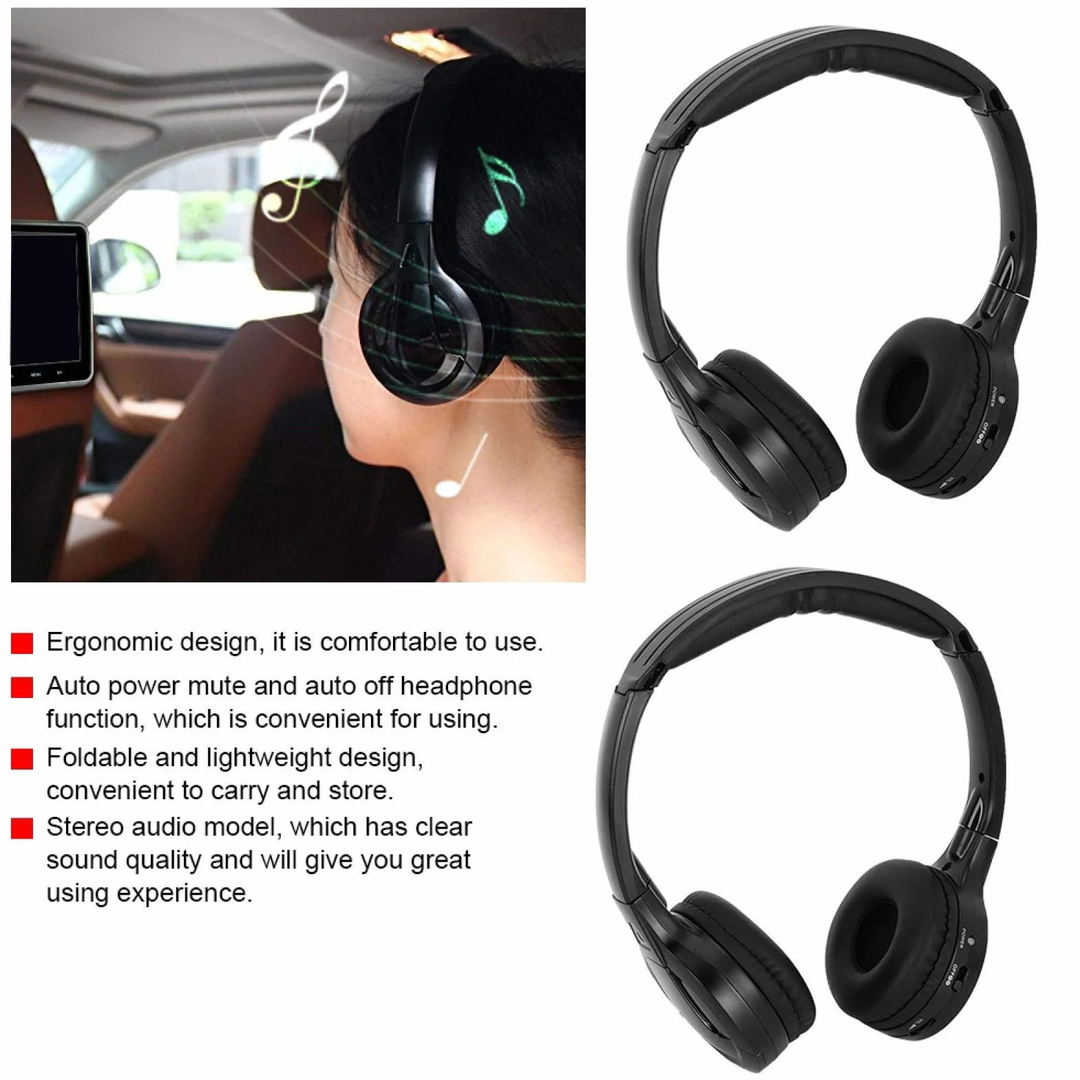 Auricolare per auto, auricolare per cuffie audio stereo IR a infrarossi senza fili a 2 canali per poggiatesta per auto DVD(1 paio di auricolari a infrarossi)