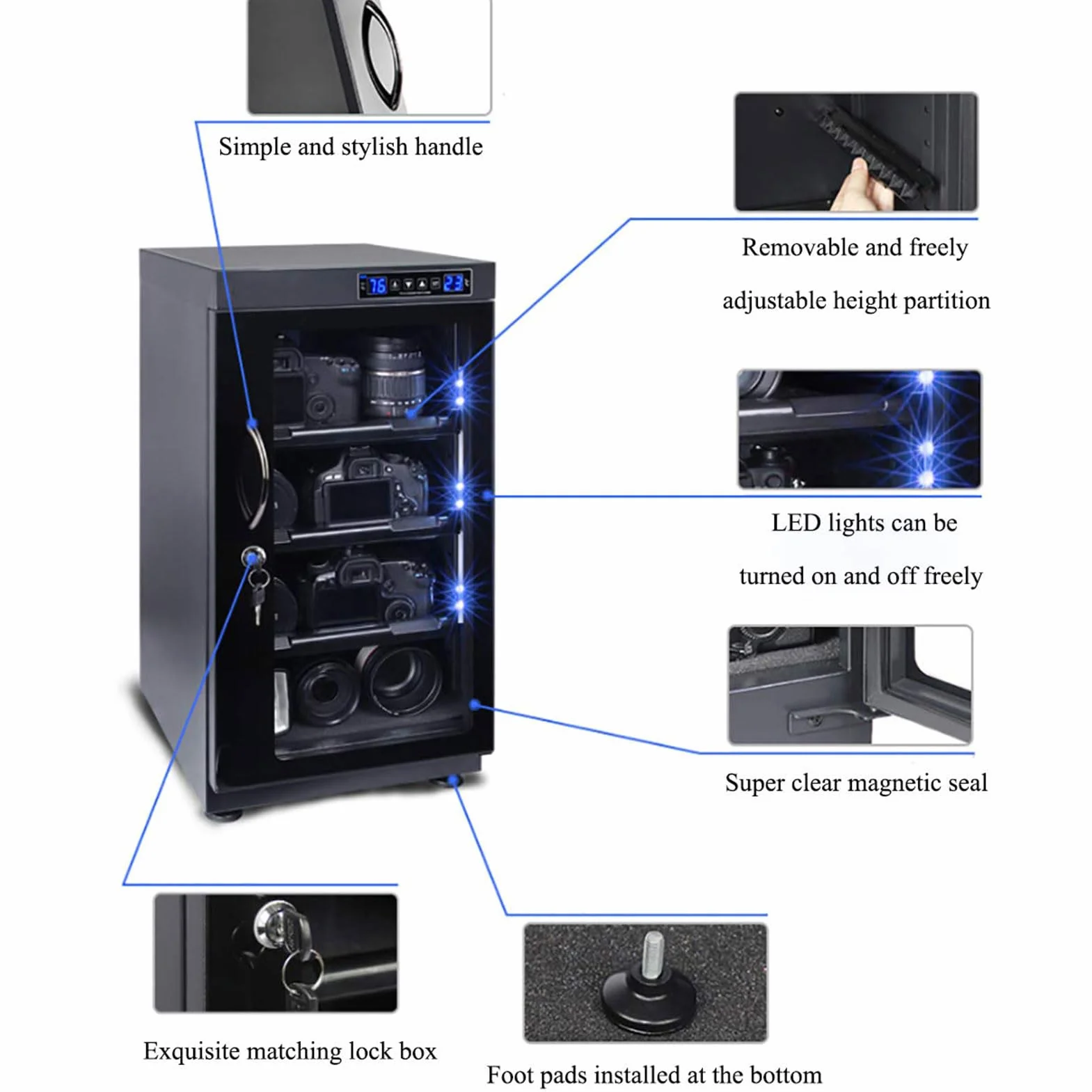 Deumidificazione Dry Cabinet per obiettivo fotocamera e attrezzature fotografiche, scatola elettronica a prova di umidità con display digitale LED