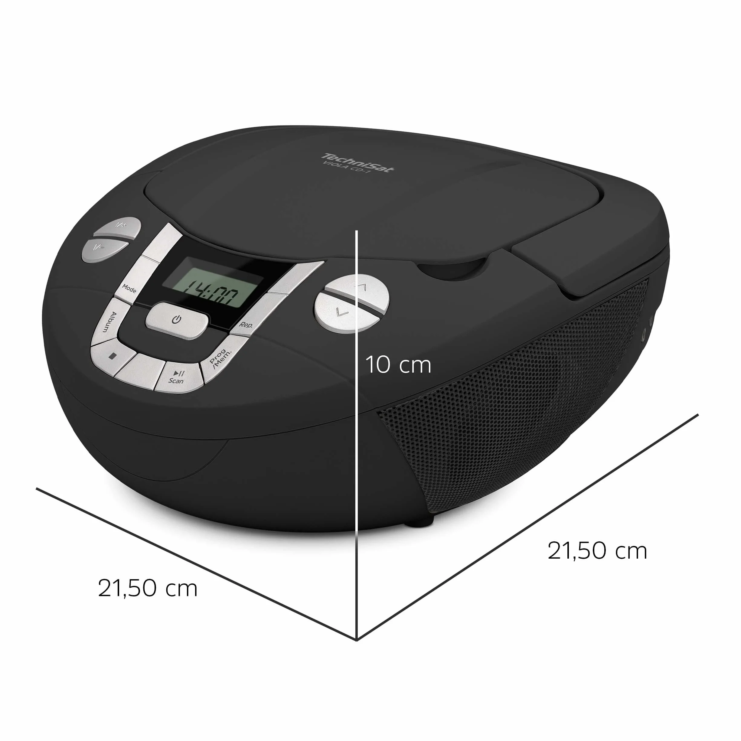 TechniSat VIOLA CD-1 - lettore CD stereo portatile con maniglia per il trasporto, boombox nera, sintonizzatore radio FM, ricezione Bluetooth, potenza di 2 x 1 W RMS, alimentazione a rete e a batteria