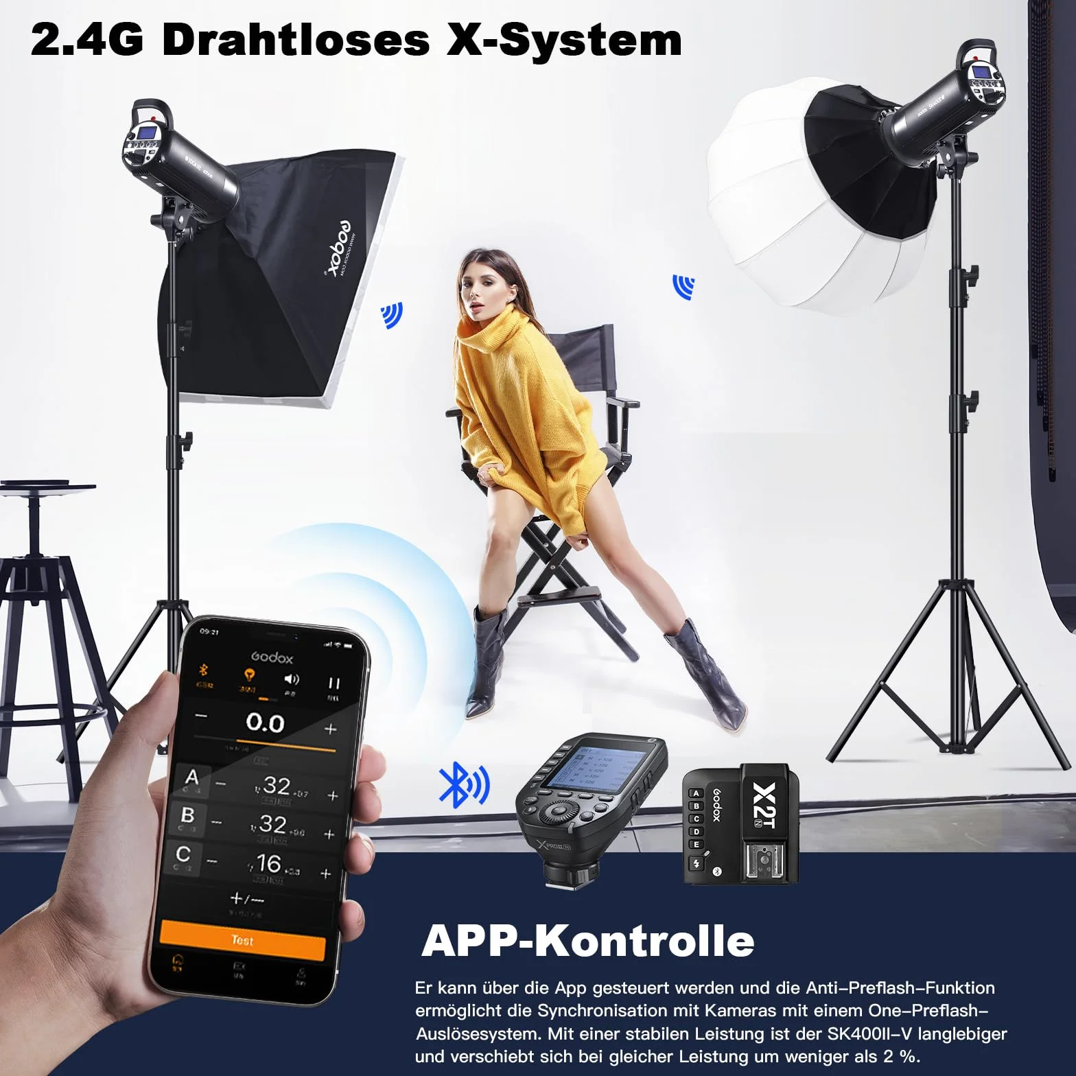 GODOX SK400II-V Flash da Studio Stroboscopico SK400II-V Bowens Mount,400W,Sistema X Wireless 2.4G,5600±200K,Lampada per Modellazione LED con Montaggio Bowens per Studio (SK400II Versione Aggiornata)