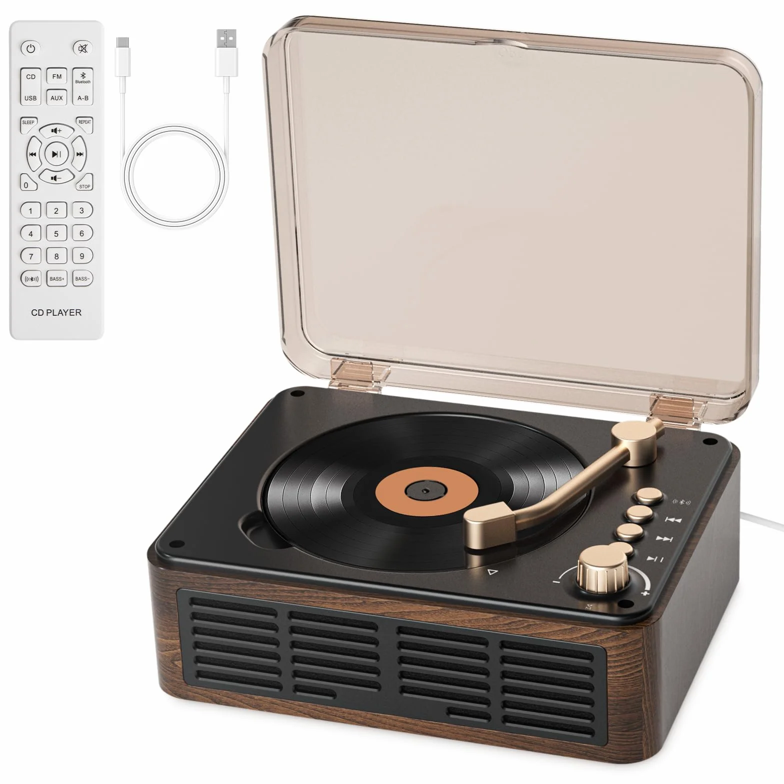 Lettore CD Vintage Bluetooth con Altoparlanti Stereo HiFi, Radio FM e Telecomando, Supporto USB/AUX/Type-C, Legno