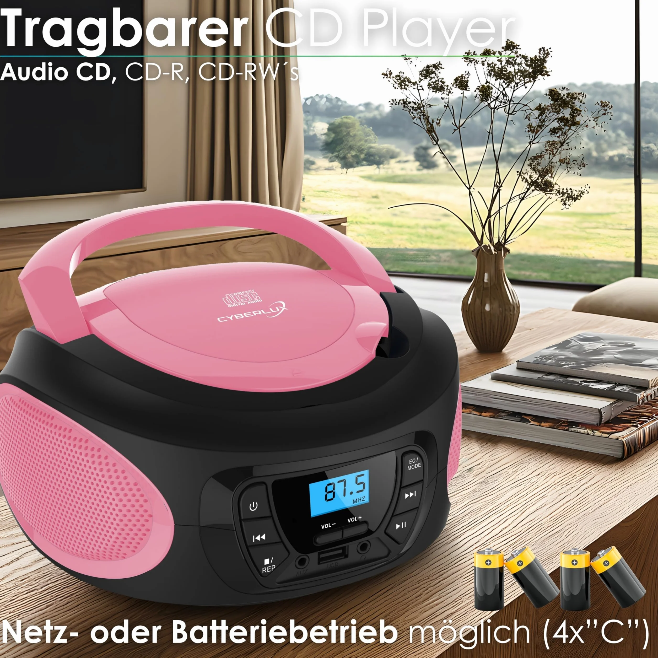 Boombox Lettore Portatile Radio FM con CD, USB e Ingresso AUX-IN, Presa per Cuffie - Sistema Stereo Compatto - Rosa Brillante (Pretty Pink)