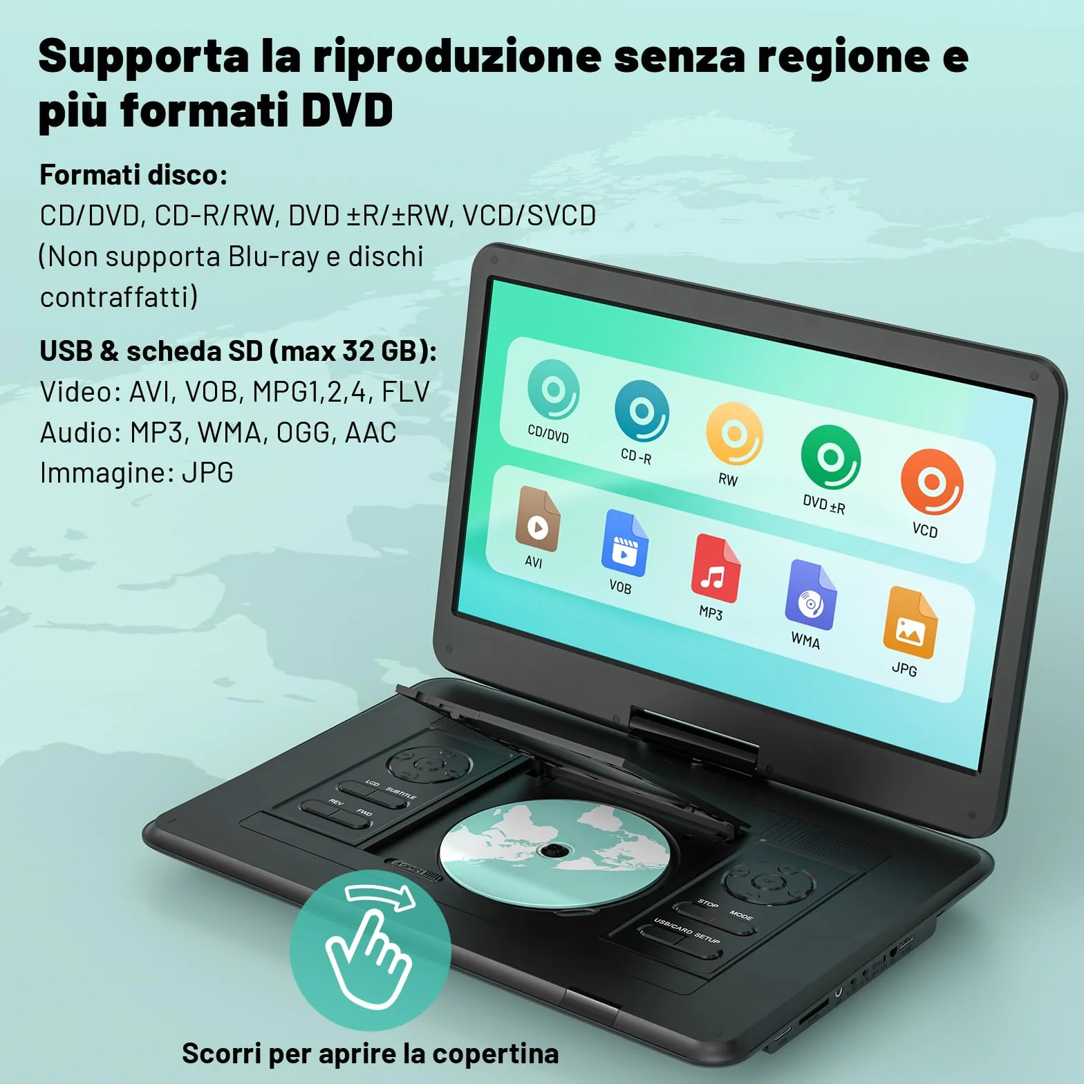 Lettore DVD Portatile 17,5" Schermo Rotante HD 15,6" Autonomia 6 Ore USB SD Sync TV Antishock Nero