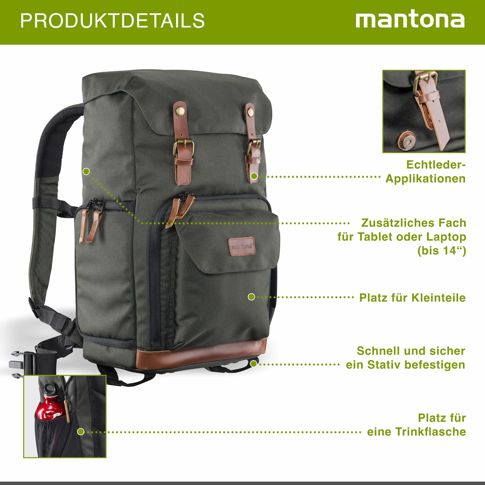 Mantona Luis Retro Zaino fotografico verde, per fotocamera con copertura antipioggia, borsa fotografica con scomparto per laptop, DSLR, 3 obiettivi e accessori fotografici