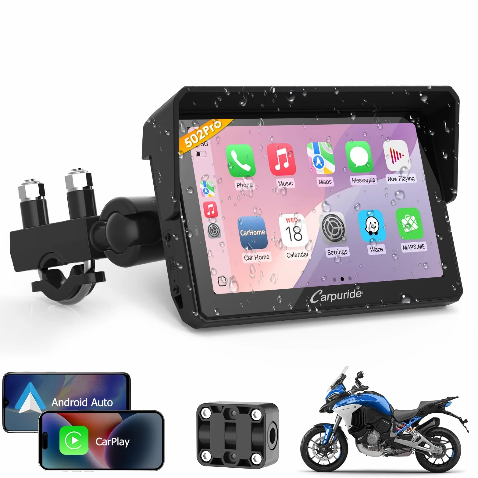 Carpuride W502PRO per CarPlay per Moto e Android Auto e Doppio Bluetooth - Navigazione GPS Impermeabile da 5 pollici per Moto, Condivisione di Musica, Interfono, EQ, Sensore di Luce, Bussola, Barometr