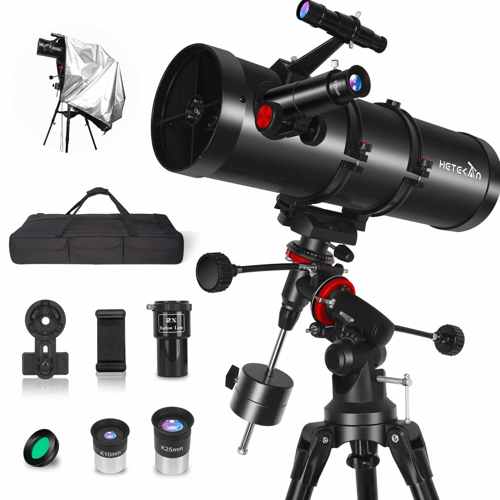 Telescopio Riflettore 150EQ per Adulti e Principianti, Telescopio Astronomico Professionale con Montatura Equatoriale, Supporto Smartphone, Treppiede, Copertura Antipolvere e Borsa da Trasporto