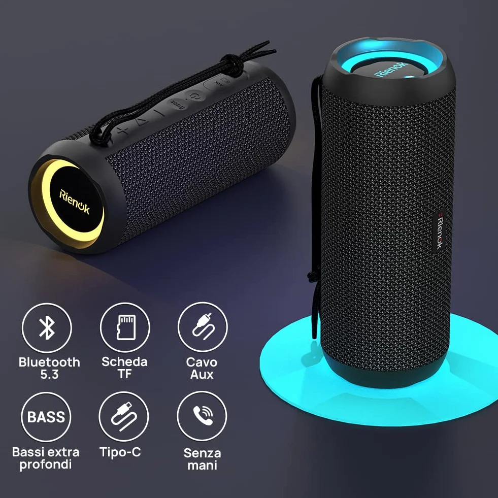 RIENOK Cassa Bluetooth Portatile Potente 30W IPX7 Impermeabile Altoparlante Bluetooth, Bassi Potenti, Luce LED, AUX & Micro SD