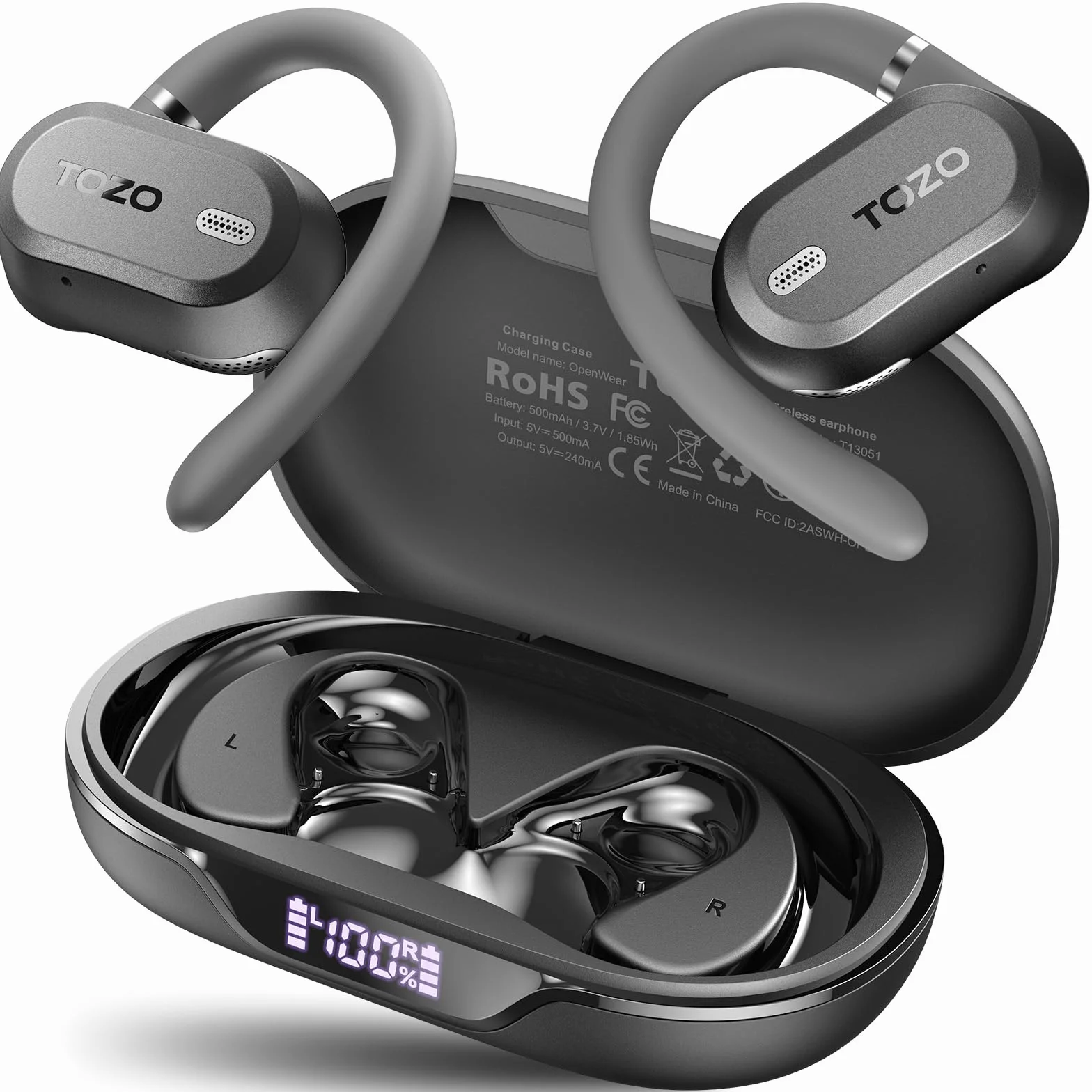 TOZO OpenWear Cuffie Bluetooth con ENC Chiamate, 14.2mm Driver 38 Ore, LED Schermo, Bassi Potenti, 5 EQ Modalità, Doppio Cardine Ultra Confort, Gancio Rotazione, Ricarica Rapida USB Tipo C Nero