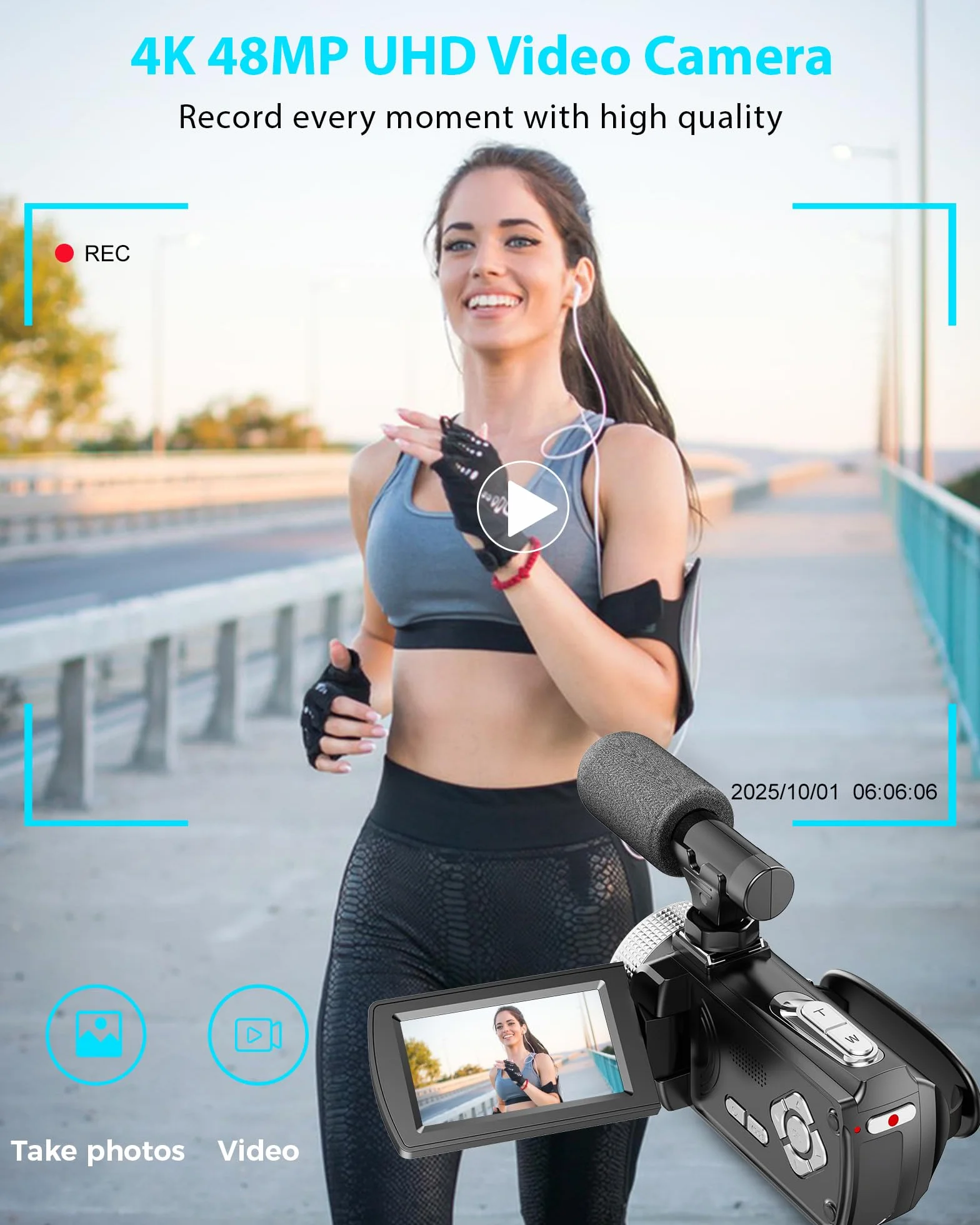Videocamera 4K 48MP, Zoom Digitale 18X Camcorder, Vlogging Camera per YouTube, Schermo Rotante da 3,0" 270° Vlog Camera, Video Kamera con Scheda da 32 GB, 2 Batterie, Microfono, Telecomando (HDV900-2)