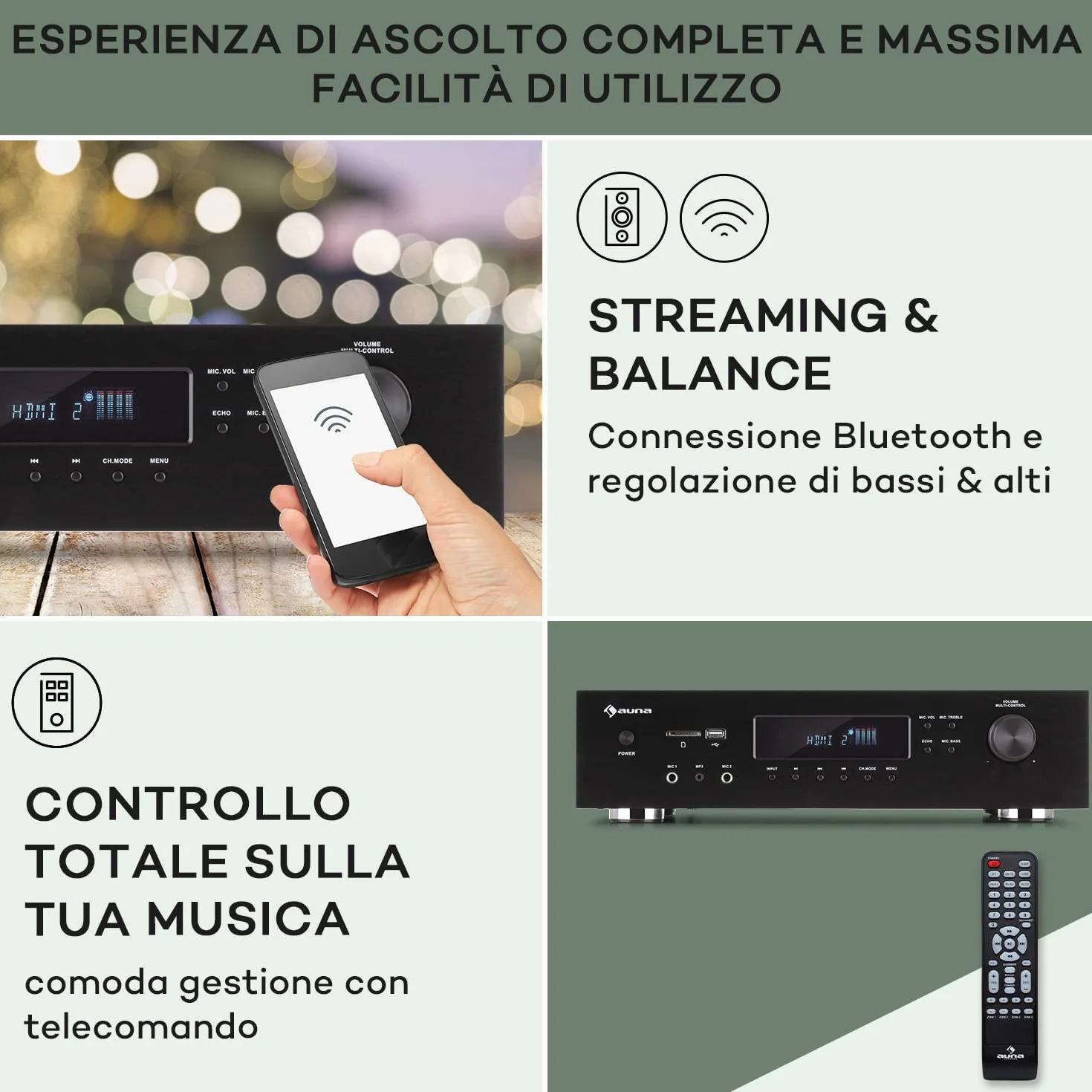 AUNA AMP-H260 5.1 - Amplificatore Receiver Equalizzatore, 2x100 Watt + 3x20 Watt RMS, Bluetooth, Porta USB, Slot SD, Digital-In Ottico & Coassiale, 2 x HDMI-In/1 x HDMI-Out, Nero