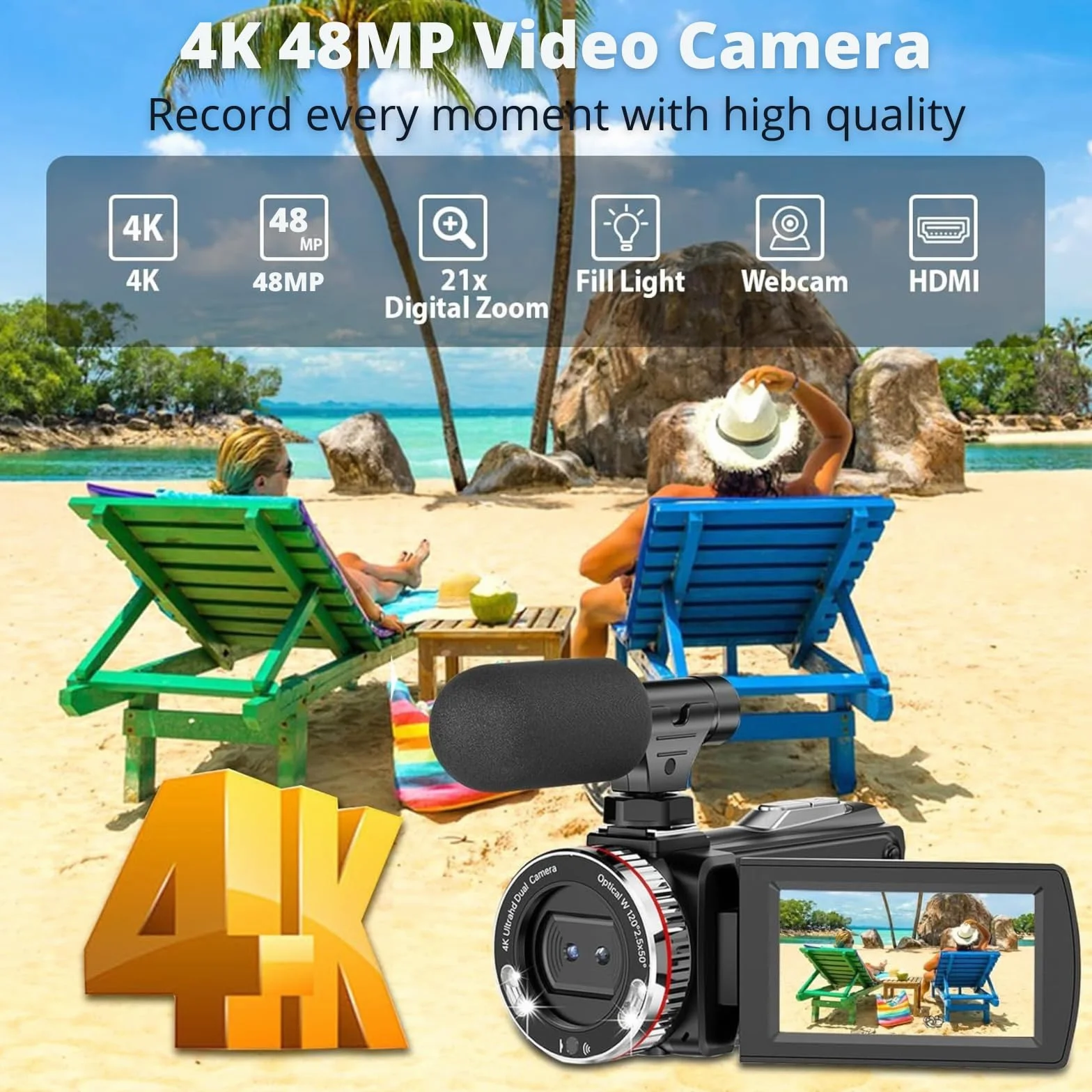 Videocamera 4K 48MP Camcorder per YouTube, 21X Zoom Digitale Videocamere, Schermo Rotante 270° 3" Vlog Camera, Video Camera con Cavo HDMI, Microfono, Telecomando, 2 Batterie (32GB Videocamera)