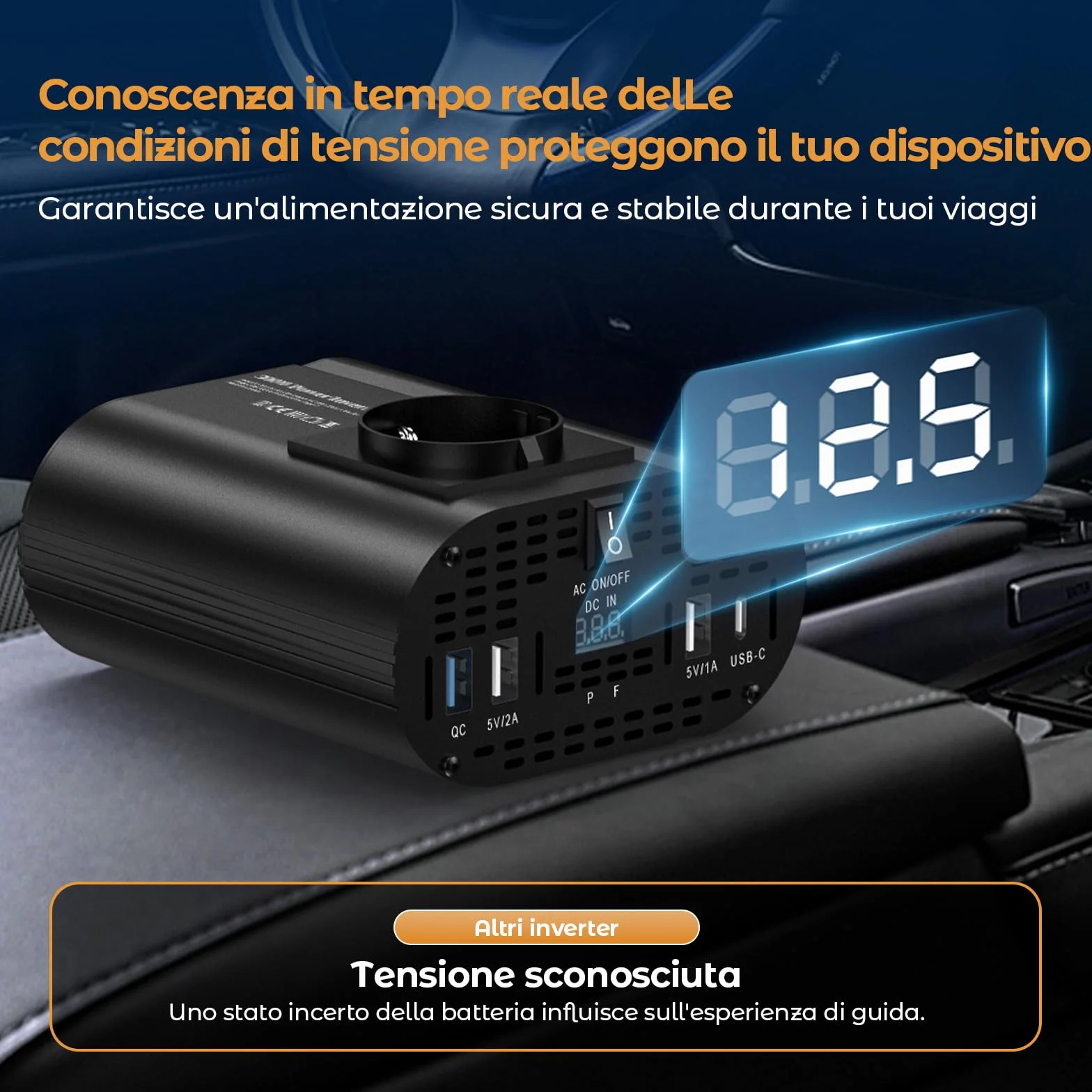 300W inverter 12v 220v, inverter auto con 1 presa, tipo C 30W, ricarica rapida USB 25W, 3 porte USB, display LED