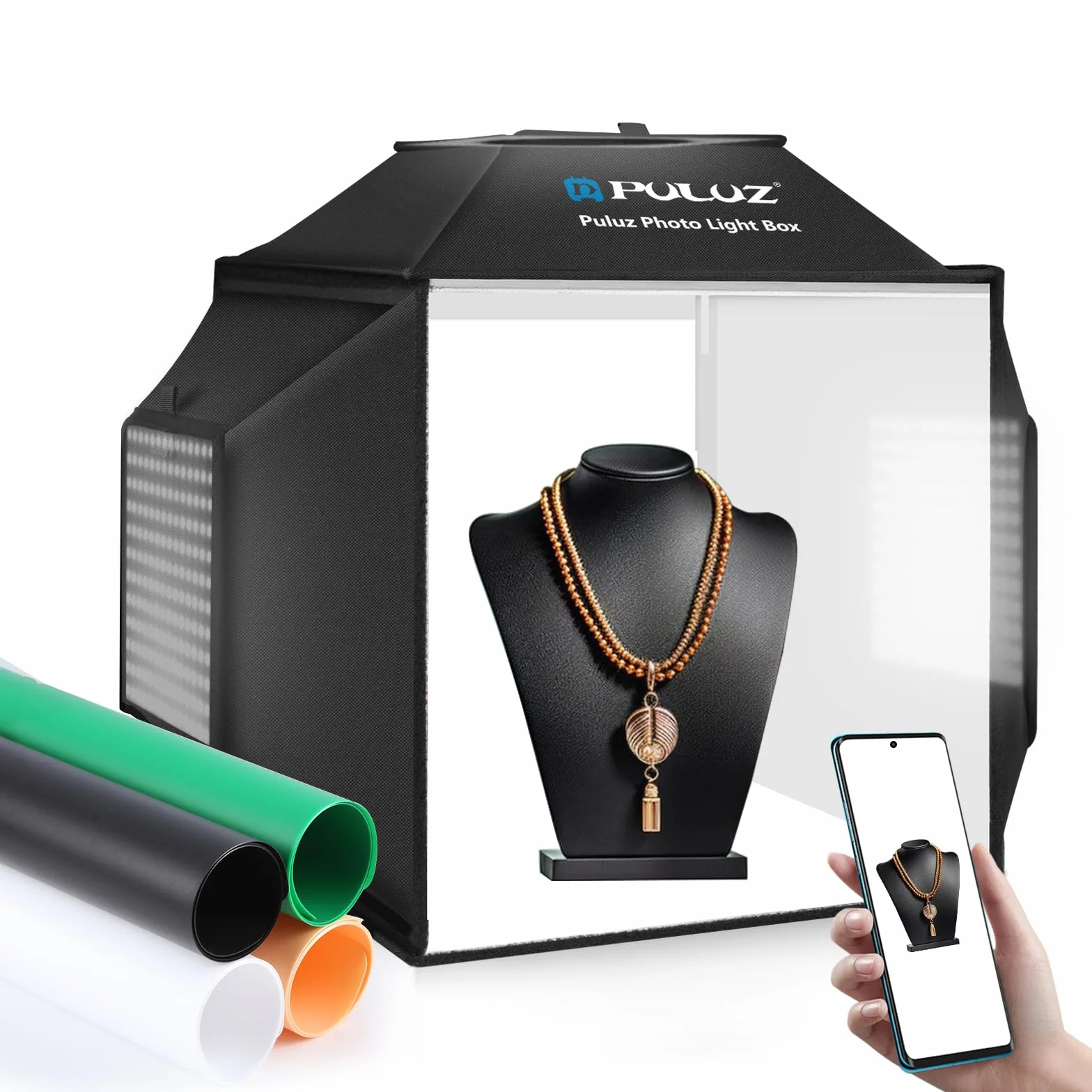 PULUZ 40 cm, scatola fotografica, Softbox per studio fotografico, tenda luminosa, 5500 K, kit di illuminazione fotografica, con 4 colori sfondi