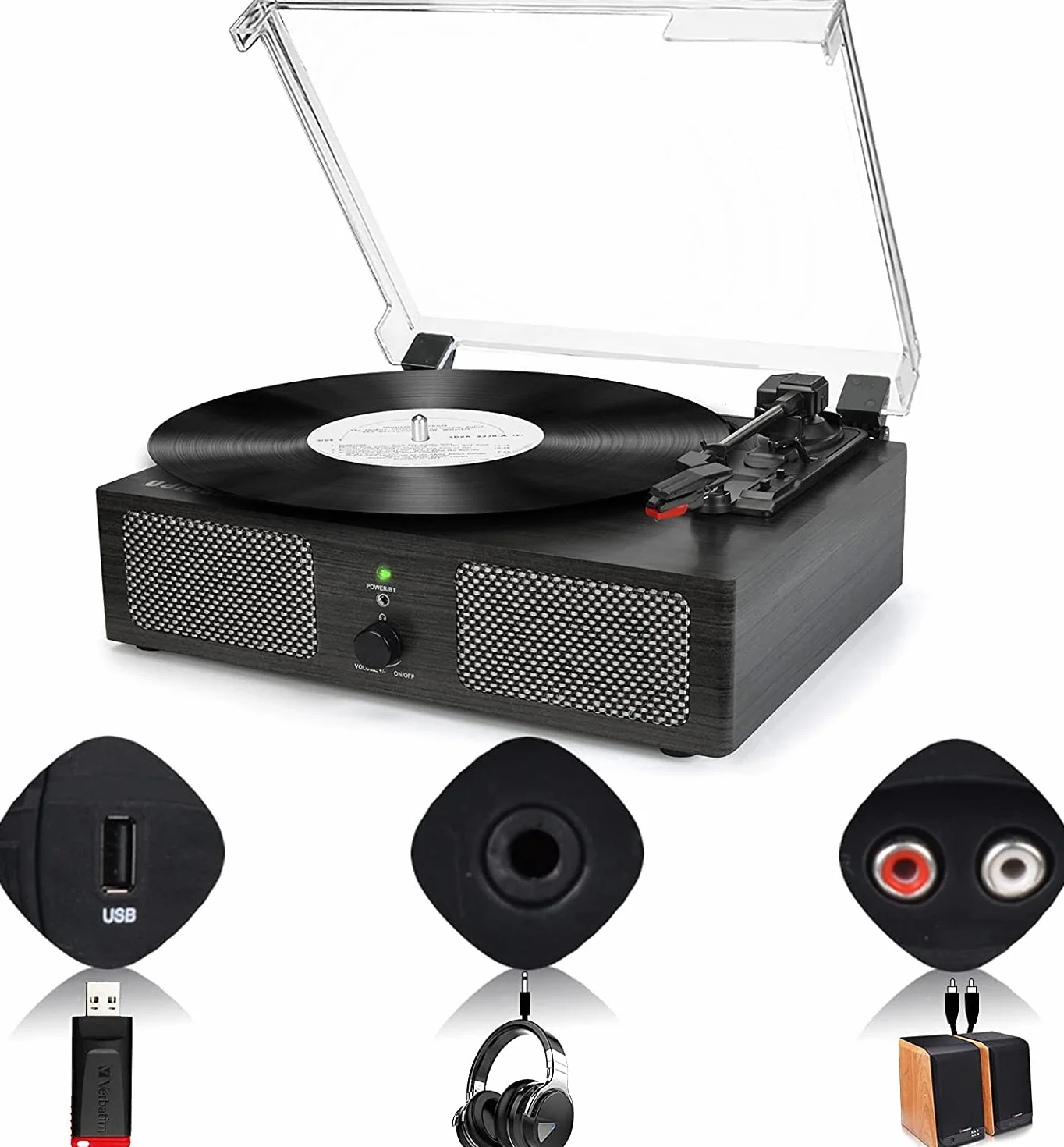 Udreamer Giradischi Bluetooth con Altoparlanti Integrati, Trasmissione a Cinghia, 3 Velocità, Legno Nero