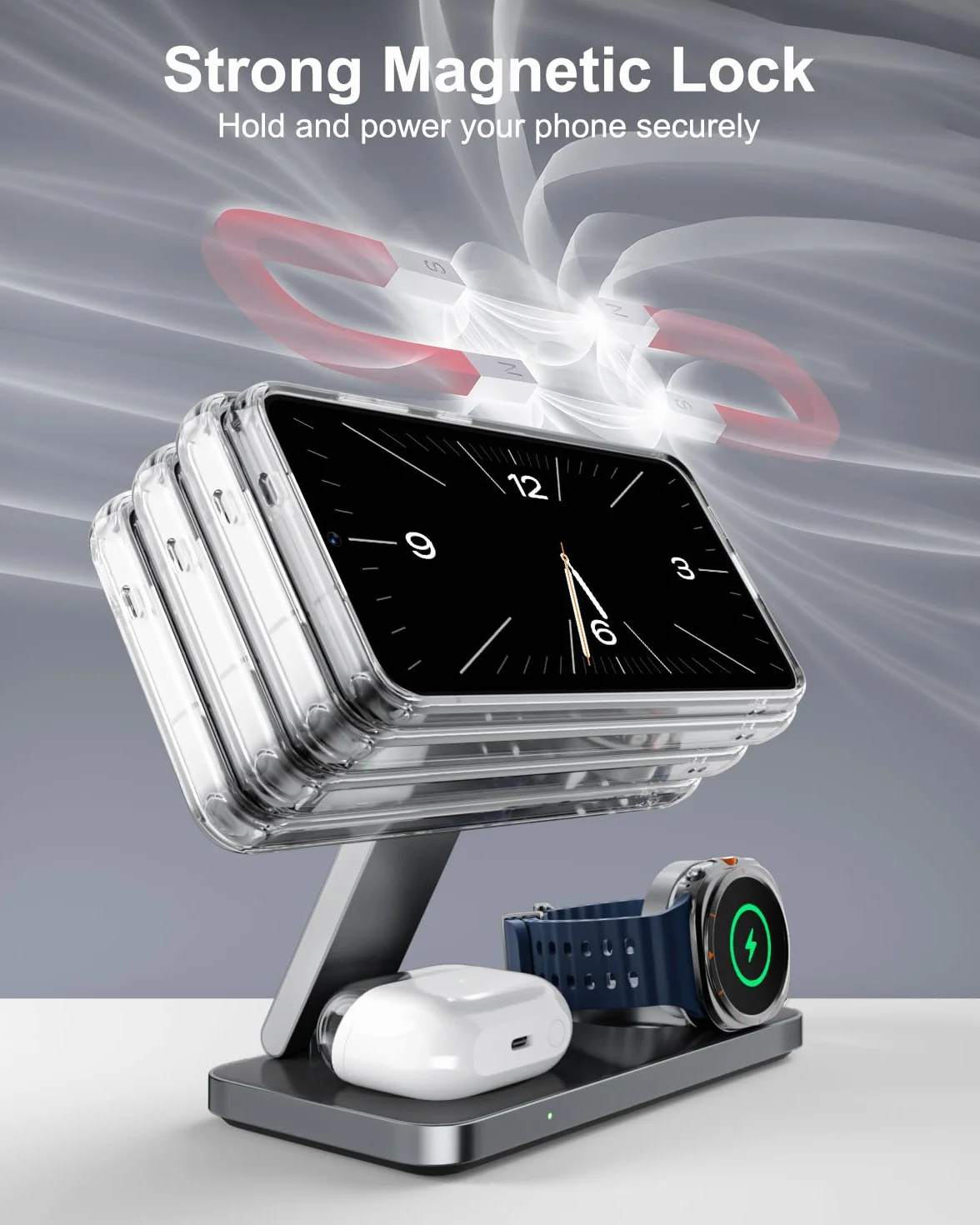 Stazione di Ricarica 3 in 1 per Samsung, Caricatore Wireless Pieghevole per Galaxy S26/S25/S24/S23/Z Fold/Flip Series, Galaxy Watch Ultra/8/7/6/5, Galaxy Buds Pro/3/2, Incl. Adattatore 20W-Nero