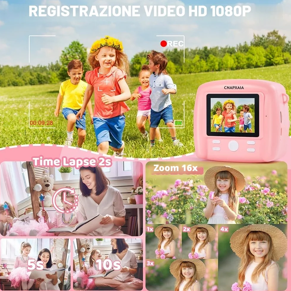 CNAPXAIA Macchina Fotografica Bambini Istantanea, 2,4" 1080P Fotocamera Digitale Bambini con 32 GB Scheda e 3 Rotoli di Carta da Stampa, Rosa