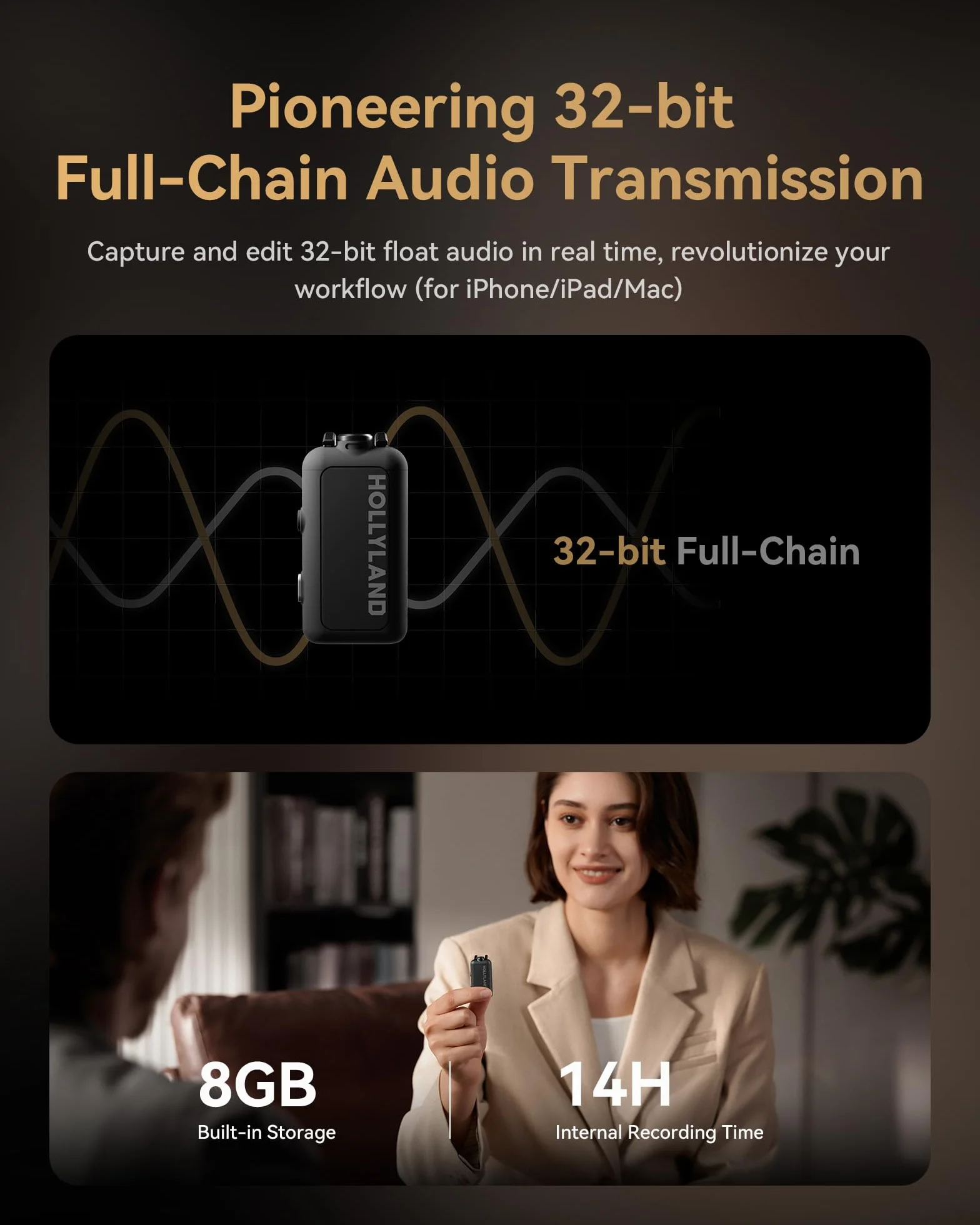 Hollyland LARK MAX 2 Combo Microfono Lavalier Wireless, Cancellazione del Rumore AI, Audio Full-Chain a 32 bit, Portata 340 m, Microfono per iPhone, Android, fotocamera (2TX +2RX+Custodia di Ricarica)