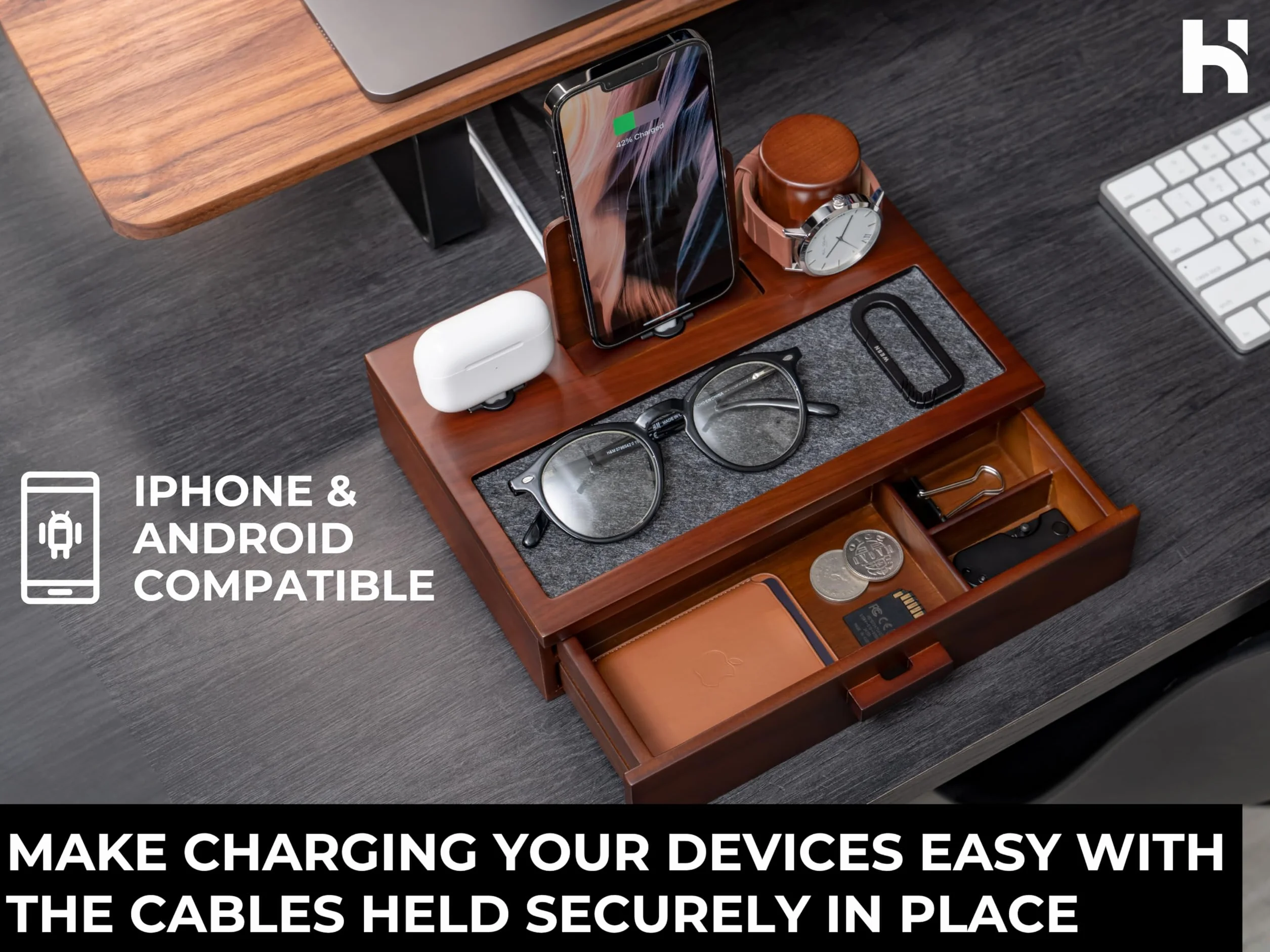 Holme & Hadfield Organizer da comodino da uomo, docking station unica in legno per caricare il telefono e gli auricolari, stazione di ricarica in legno con vassoio foderato e cassetto, docking station