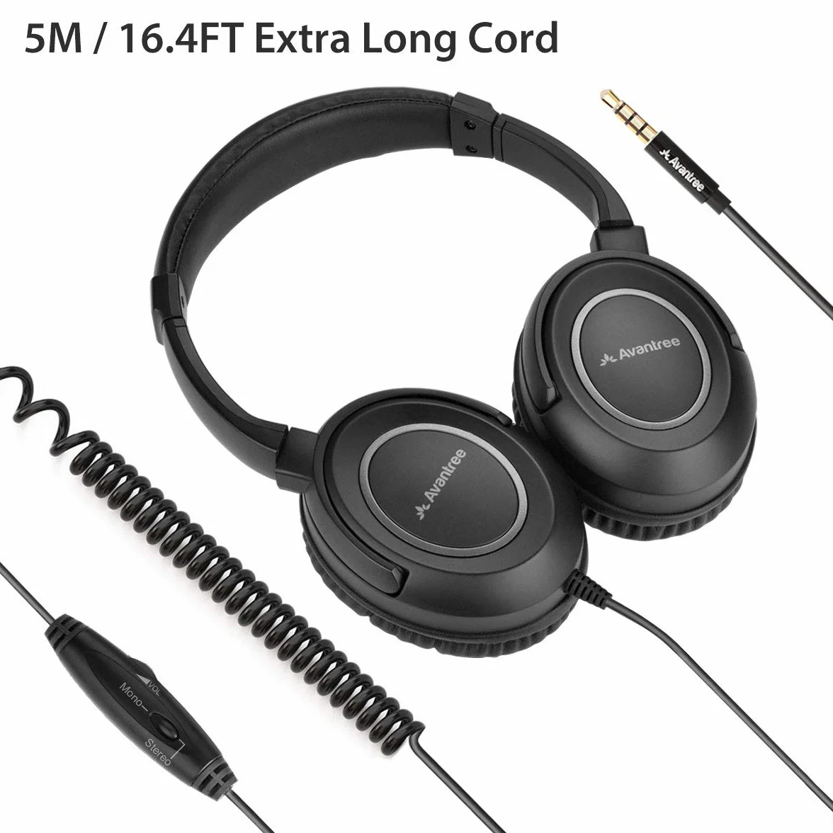 Avantree HF039 Cuffie Con cavo a spirale extra lungo per TV, 5 Metri, Cuffie Over-ear, uscita audio 3.5mm, cuffie audio stereo con controllo del volume sul filo