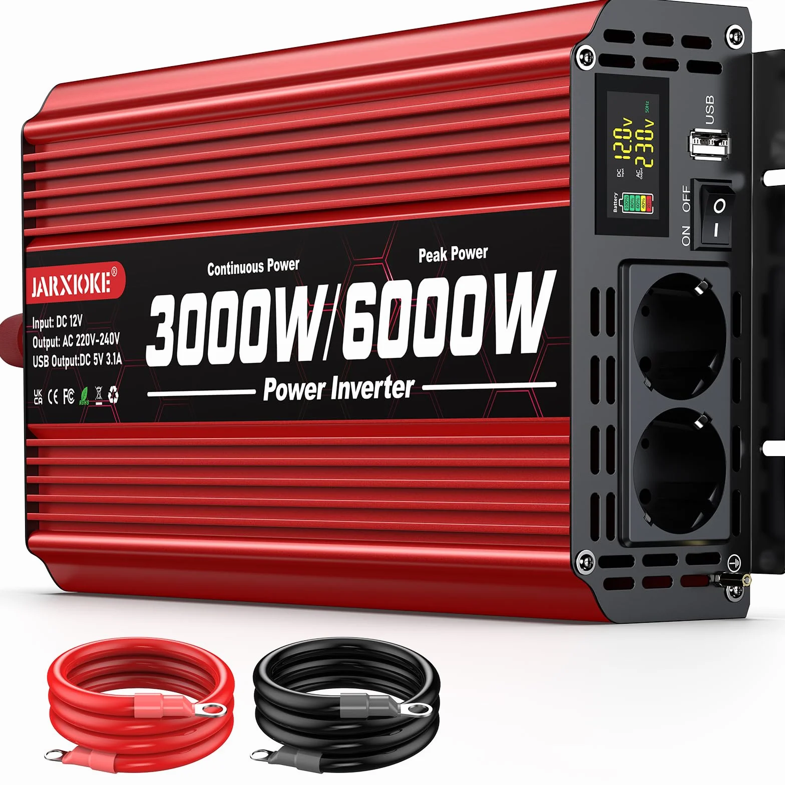 Inverter 3000W 12V 220V Onda Sinusoidale Modificata con Display 2 Prese AC USB per Auto Camper