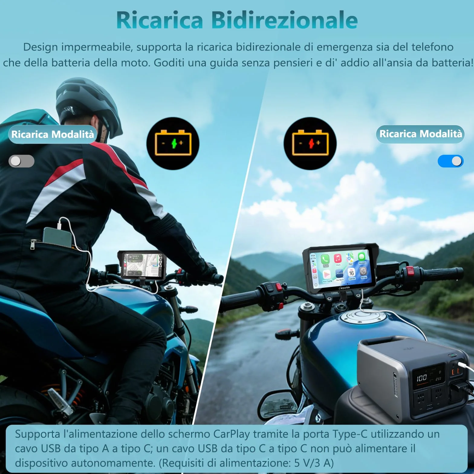 Carpuride W602S Pro Moto Carplay Schermo con BM05 per Plug-and-Play, Senza Fili CarPlay e Android Auto, 6,25" Impermeabile Touchscreen, OTA, Doppio Bluetooth, Interfono Funzione, Cablato Controller.