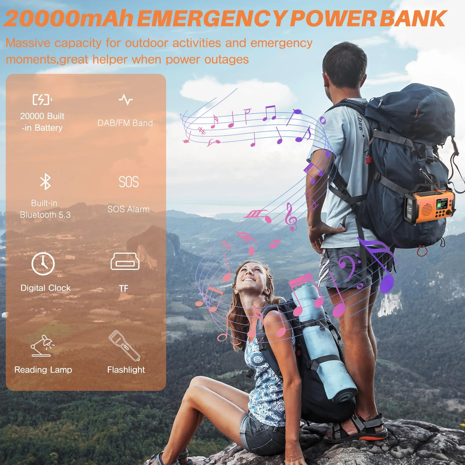 Radio A Manovella DAB+ FM 20000mAh Bluetooth Solare Emergenza con Sveglia, Torcia LED (Arancione)