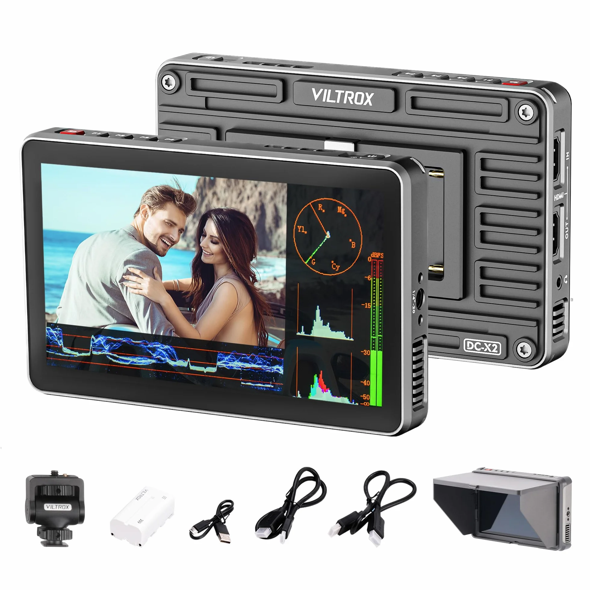 VILTROX - Monitor del campo della fotocamera da 6", 2000nit HD 1920x1080, schermo touch portatile, monitor video, 4K, HDMI, loop in/out, con LUT 3D, de-squeeze, Peak Focus, con parasole