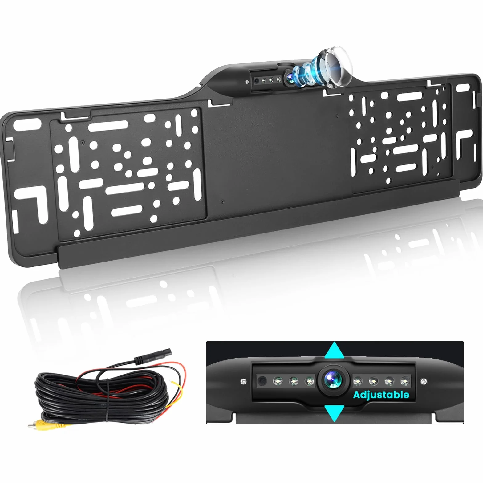 Kit Porta Targa Telecamera Posteriore con 7 LED per Retromarcia, Kit Porta Targa Retrocamera per Telaio Europeo con Visione Notturna IP67 Impermeabile