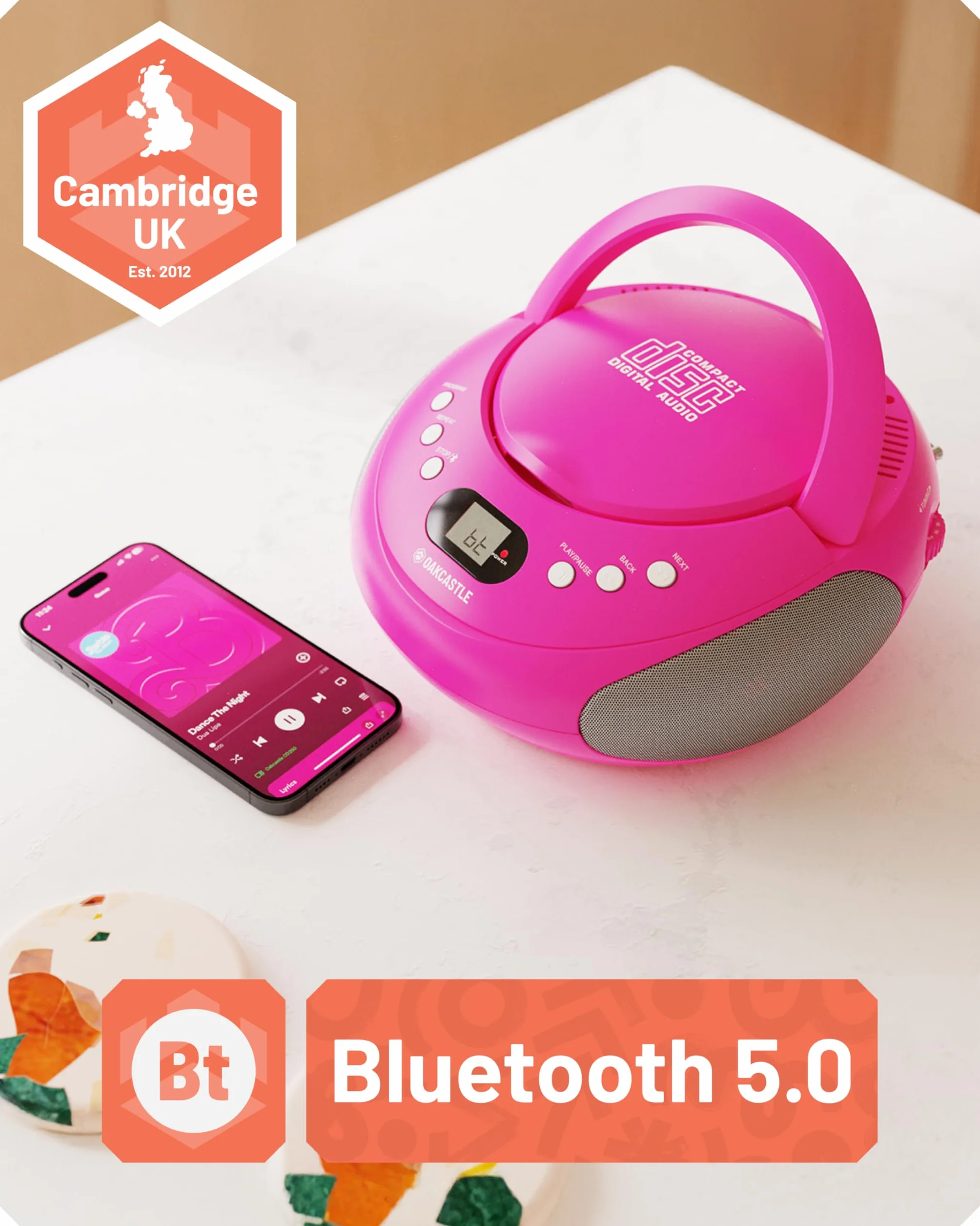 Lettore CD Portatile Bluetooth | FM Radio Stereo Casa | Radio Stereo Casa con Controlli Facili | 30 Preselezioni, Display a LED | Oakcastle Player (Rosa)