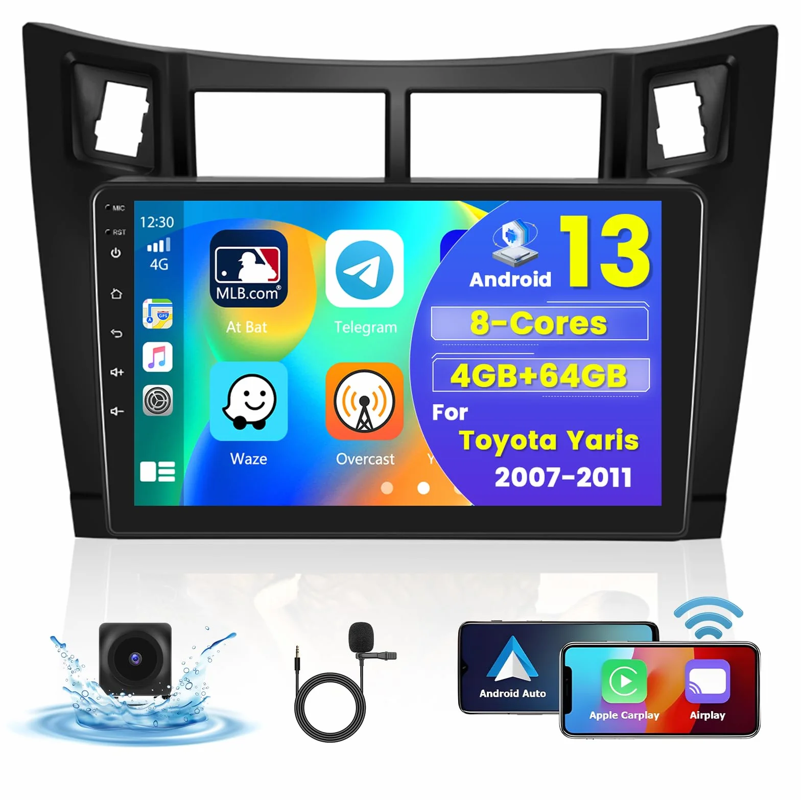 [8 Core 4G+64G] Hikity Car Radio per Toyota Yaris/Vizi 2005-2011 Wireless Carplay Android Auto Android 15 Autoradio 9 Pollici Stereo Auto con GPS 32EQ WIFI Bluetooth SWC MIC Telecamera Posteriore
